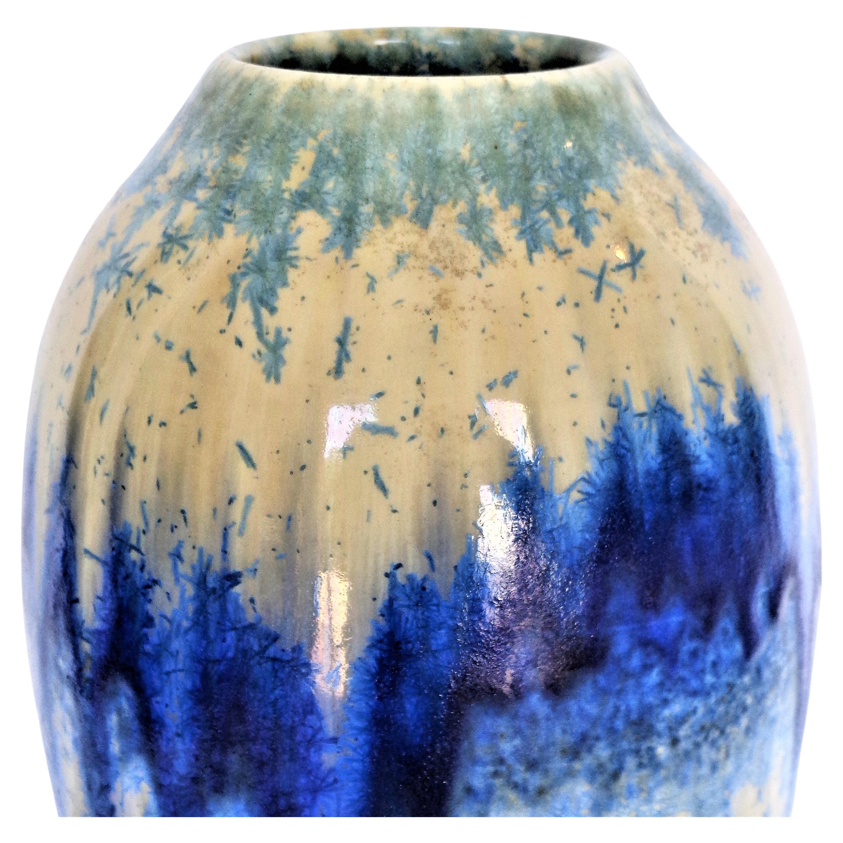 Large Ruskin Pottery Arts and Crafts vase with exceptionally beautiful vivid hues of cobalt blue and cerulean blue drip crystalline high fire glazes. Stamped signed on underside Ruskin England 1930. Look at all pictures and read condition report in