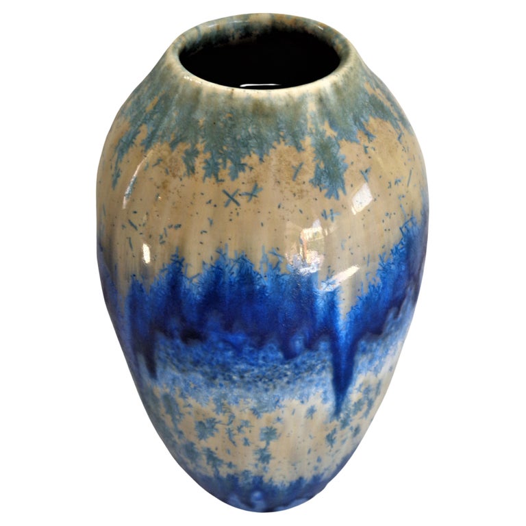 Large Ruskin Pottery Blue Drip Crystalline Glaze Vase, 1930 For Sale at