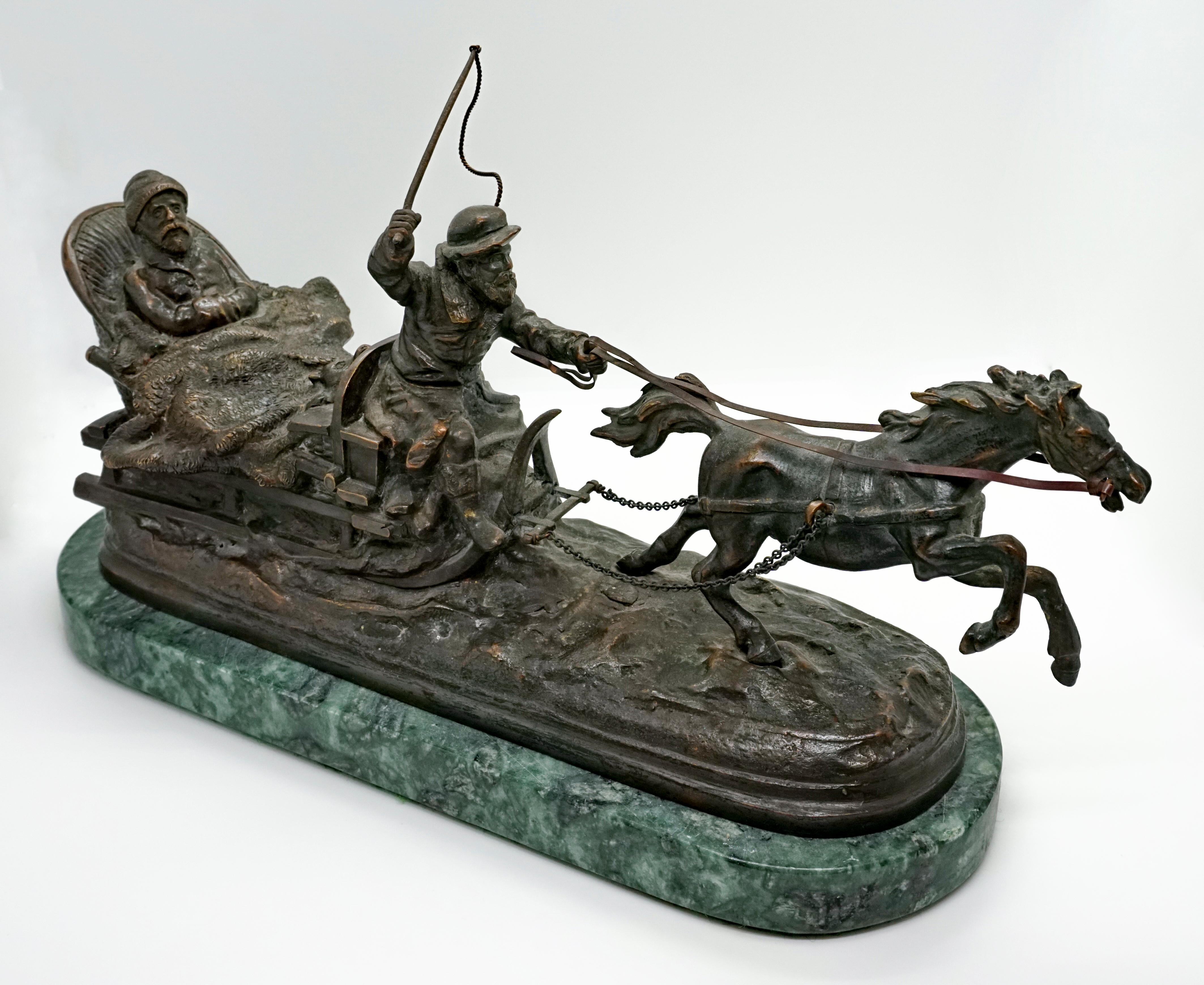 Large Russian Bronze Sleigh Ride Group after Evgeny Alexandrovich Lansere 1