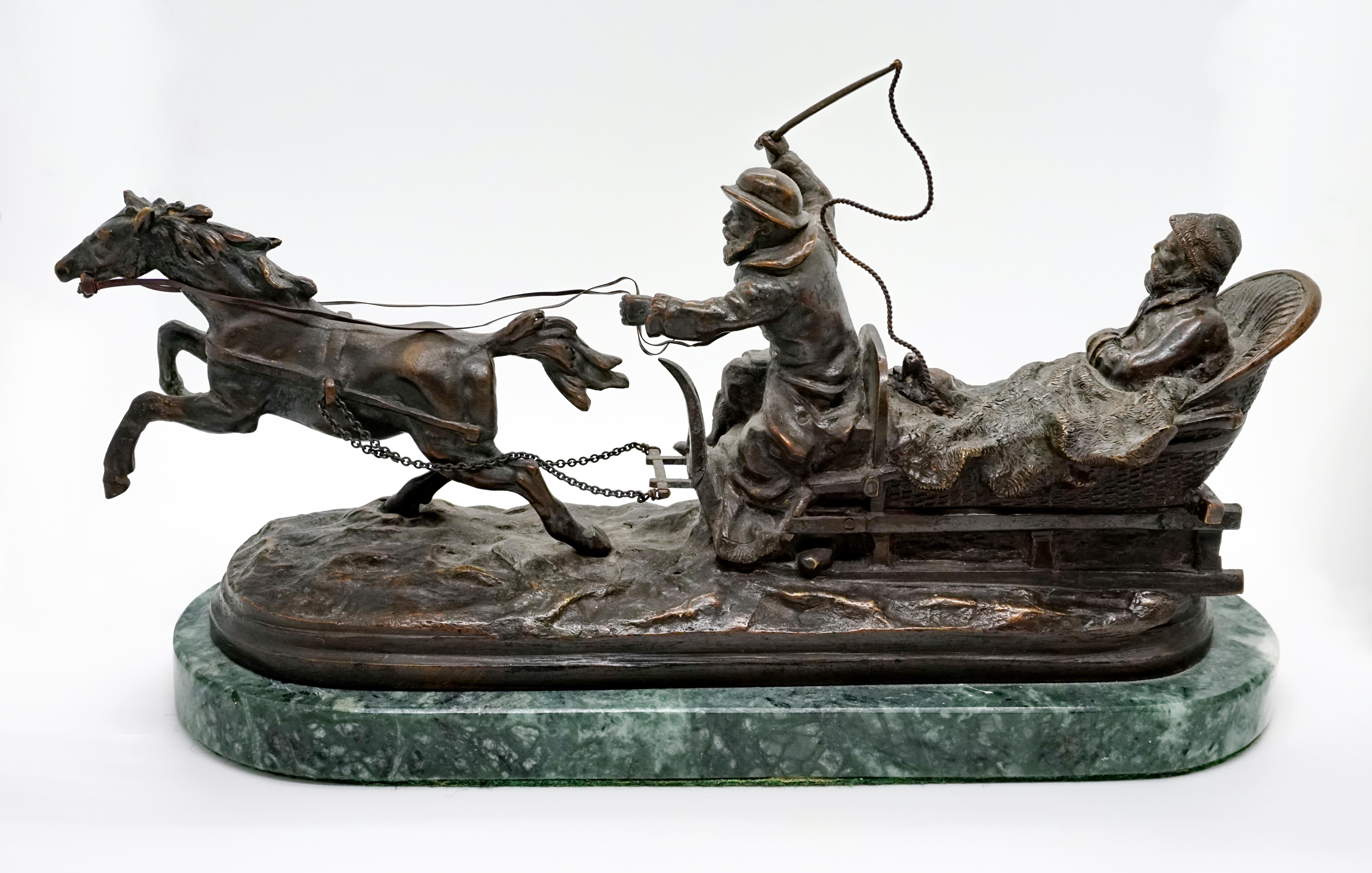 Excellent piece of Russian bronze art

A noble sleigh at a rapid pace: the horse in a stretched gallop, the sleigh leader with a whip raised above his head; in the back sits comfortably an elderly gentleman, firmly wrapped in a fur hat and animal