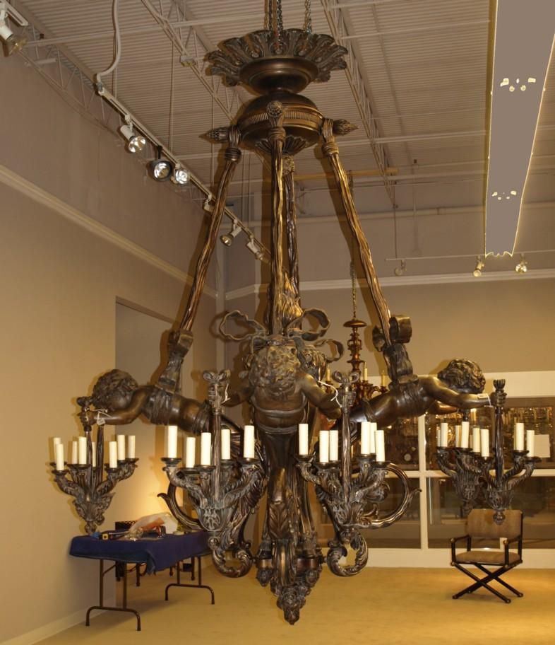 A superb and imposing Russian carved and giltwood and bronze chandelier, circa 1900.