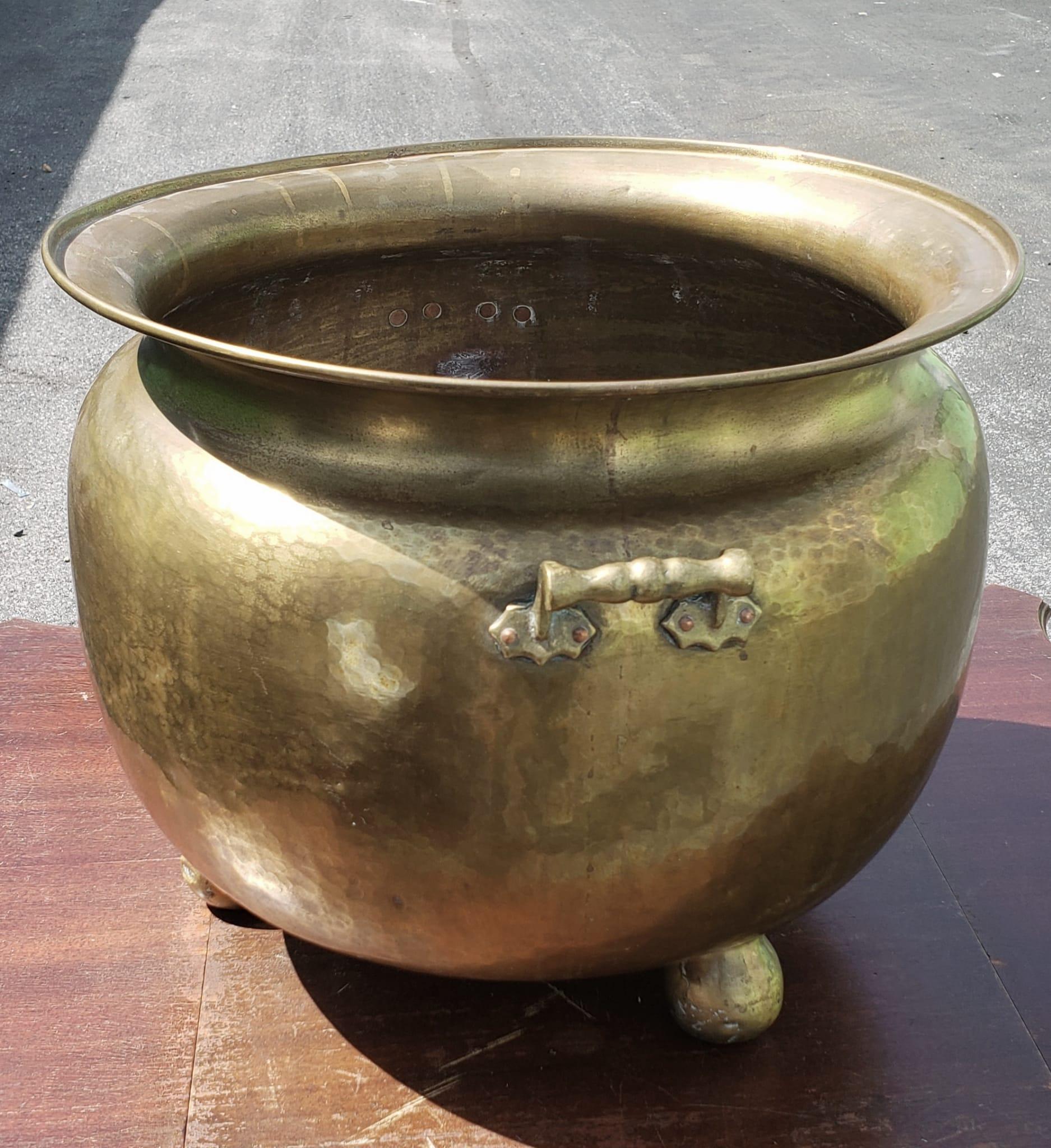 Edwardian Large Russian Hand Hammered Brass Two Handle Footed Jardiniere Planter For Sale