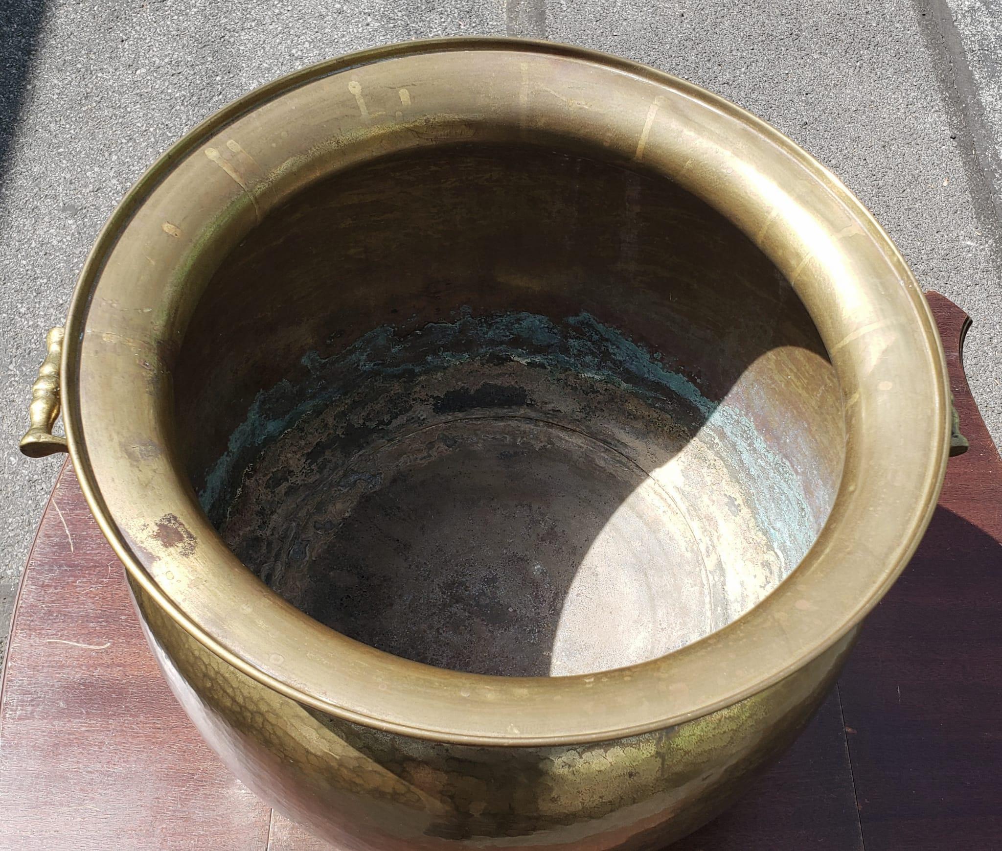 Large Russian Hand Hammered Brass Two Handle Footed Jardiniere Planter In Good Condition For Sale In Germantown, MD