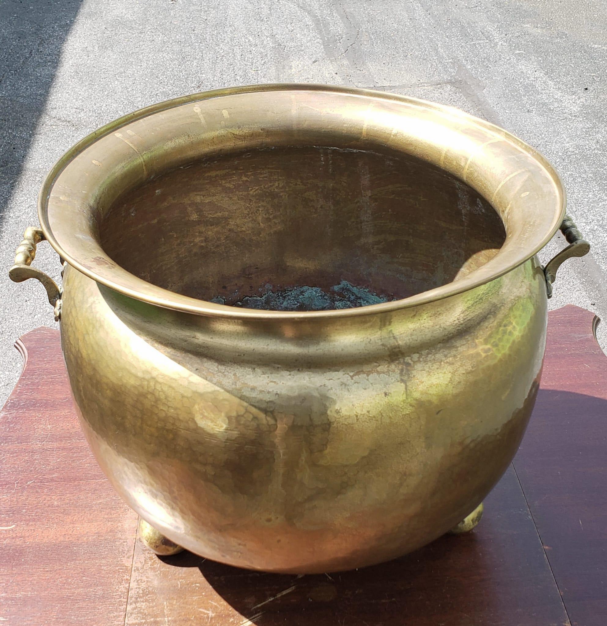 20th Century Large Russian Hand Hammered Brass Two Handle Footed Jardiniere Planter For Sale