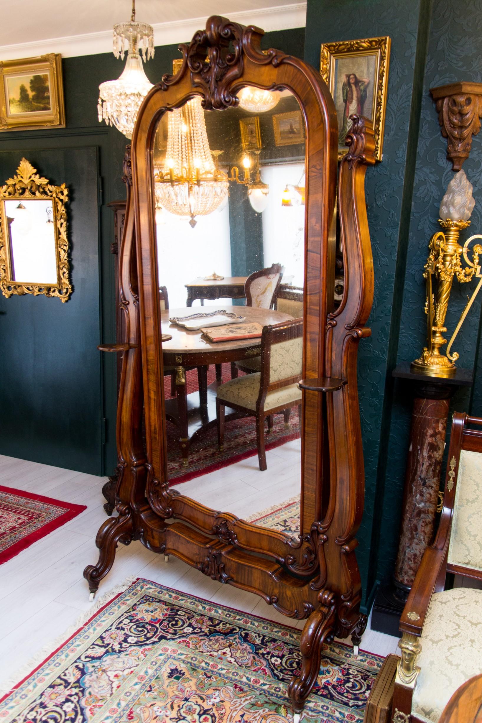 Large Rococo Style Full-Length Walnut Cheval Mirror, Late 19th Century For Sale 6