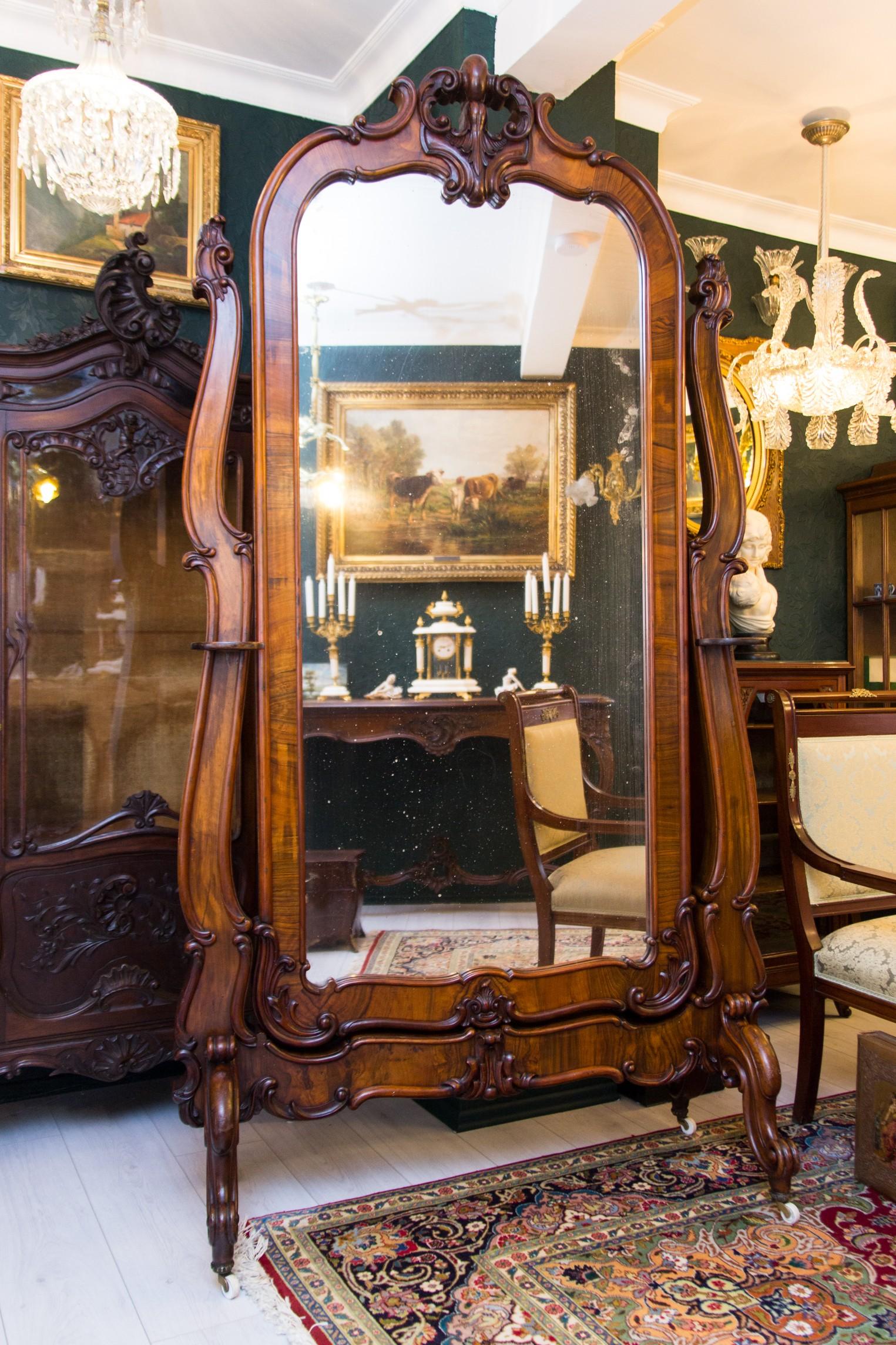 Large Rococo Style Full-Length Walnut Cheval Mirror, Late 19th Century For Sale 9