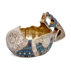 Large Russian Silver Kovsch with Cloisonné Enamel Decoration