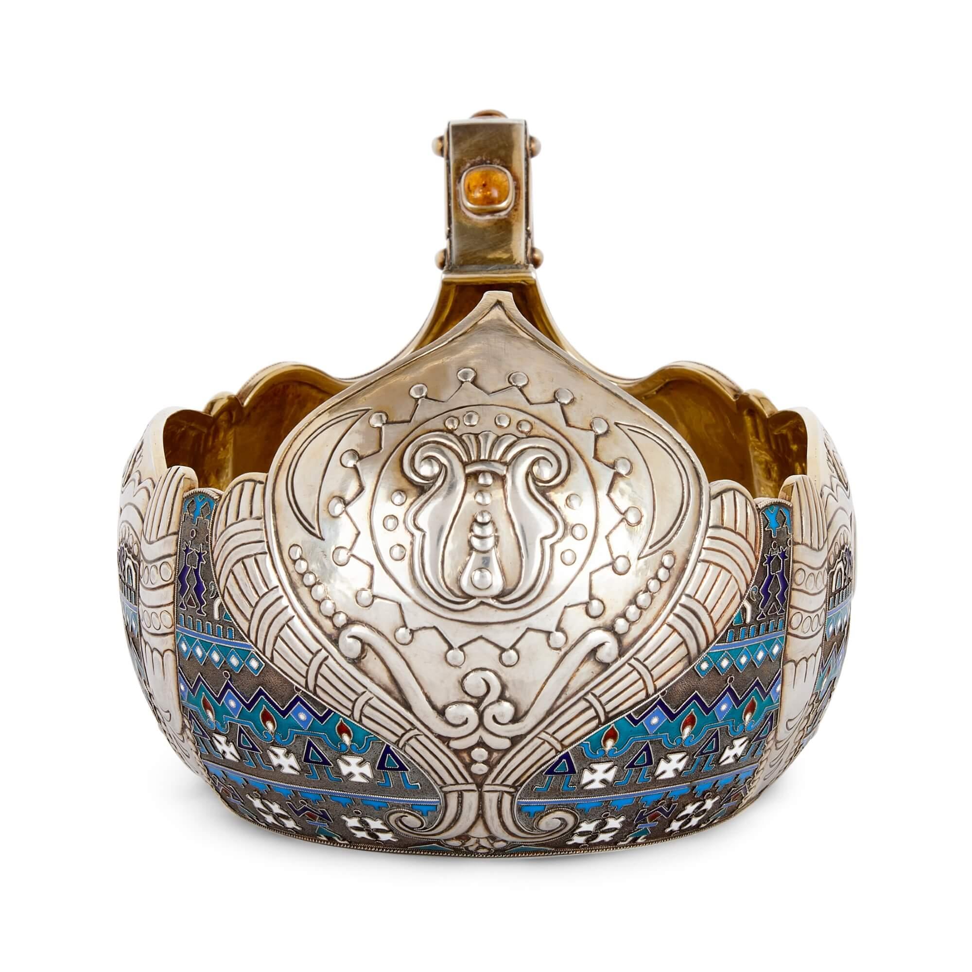 Baltic Large Russian Silver Kovsch with Cloisonné Enamel Decoration  For Sale