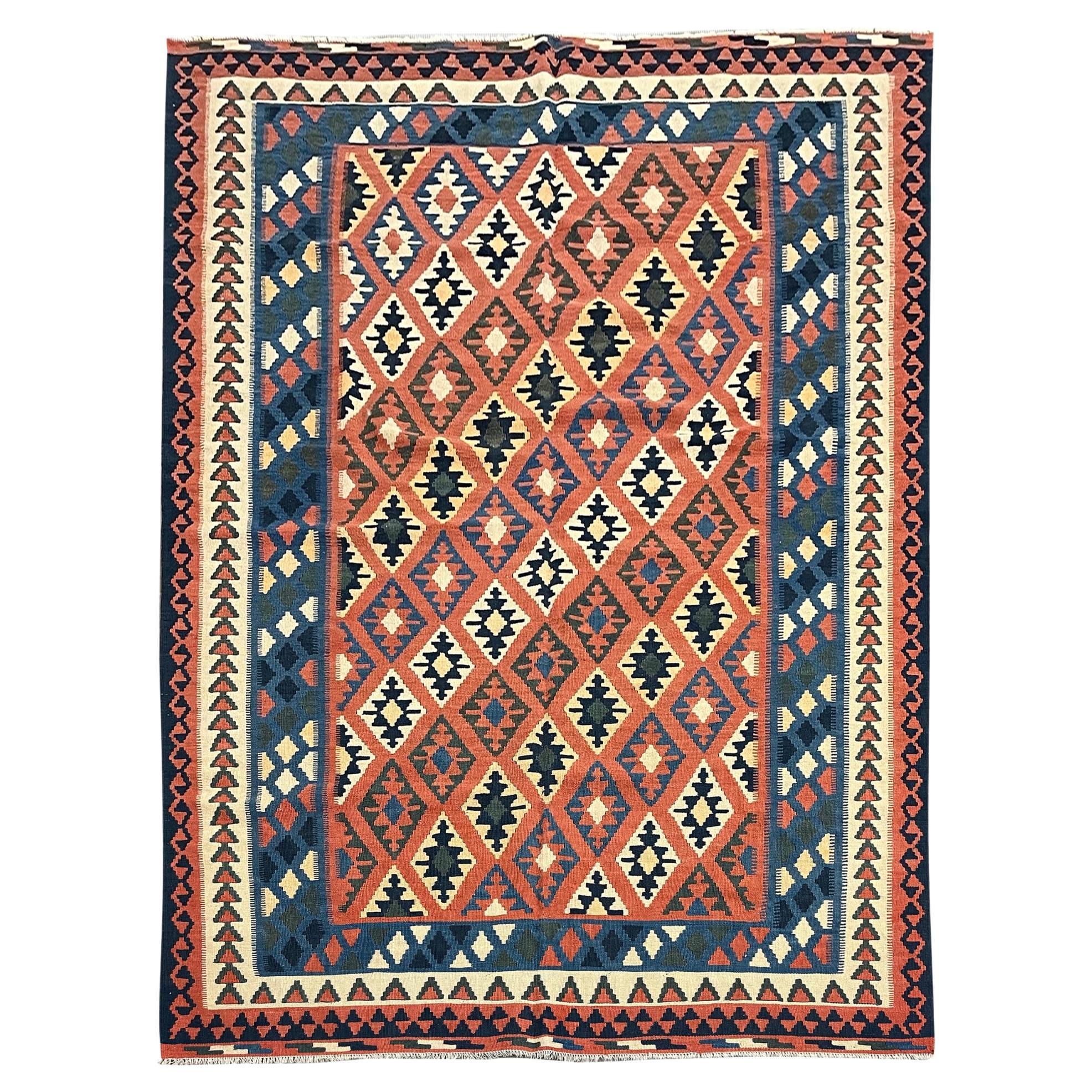 Großer rostfarbener geometrischer Kilim-Teppich, handgefertigt aus Wolle, flachgewebt 293×210 cm