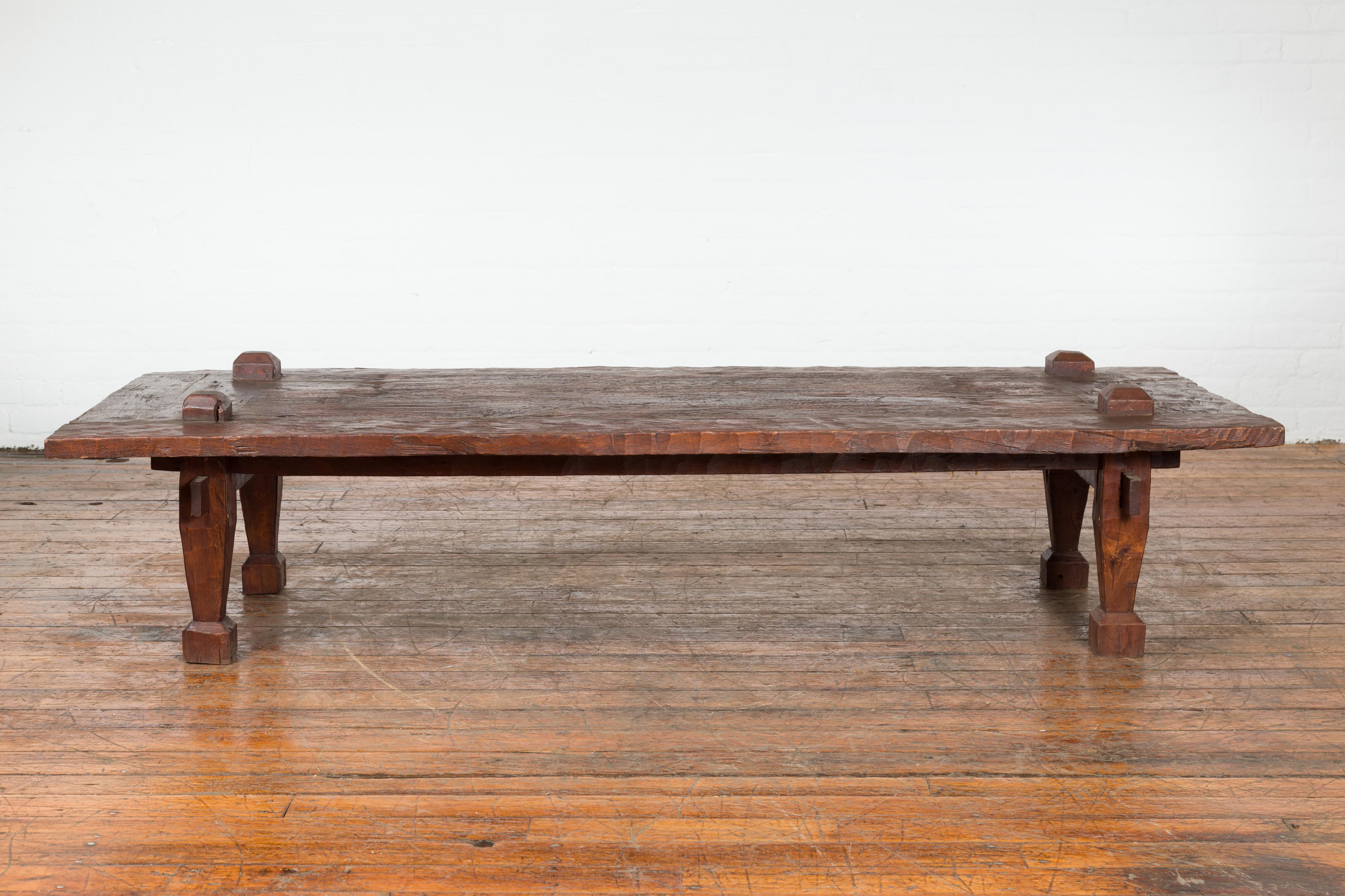 Large Rustic 19th Century Distressed Indonesian Coffee Table with Raised Joints 4