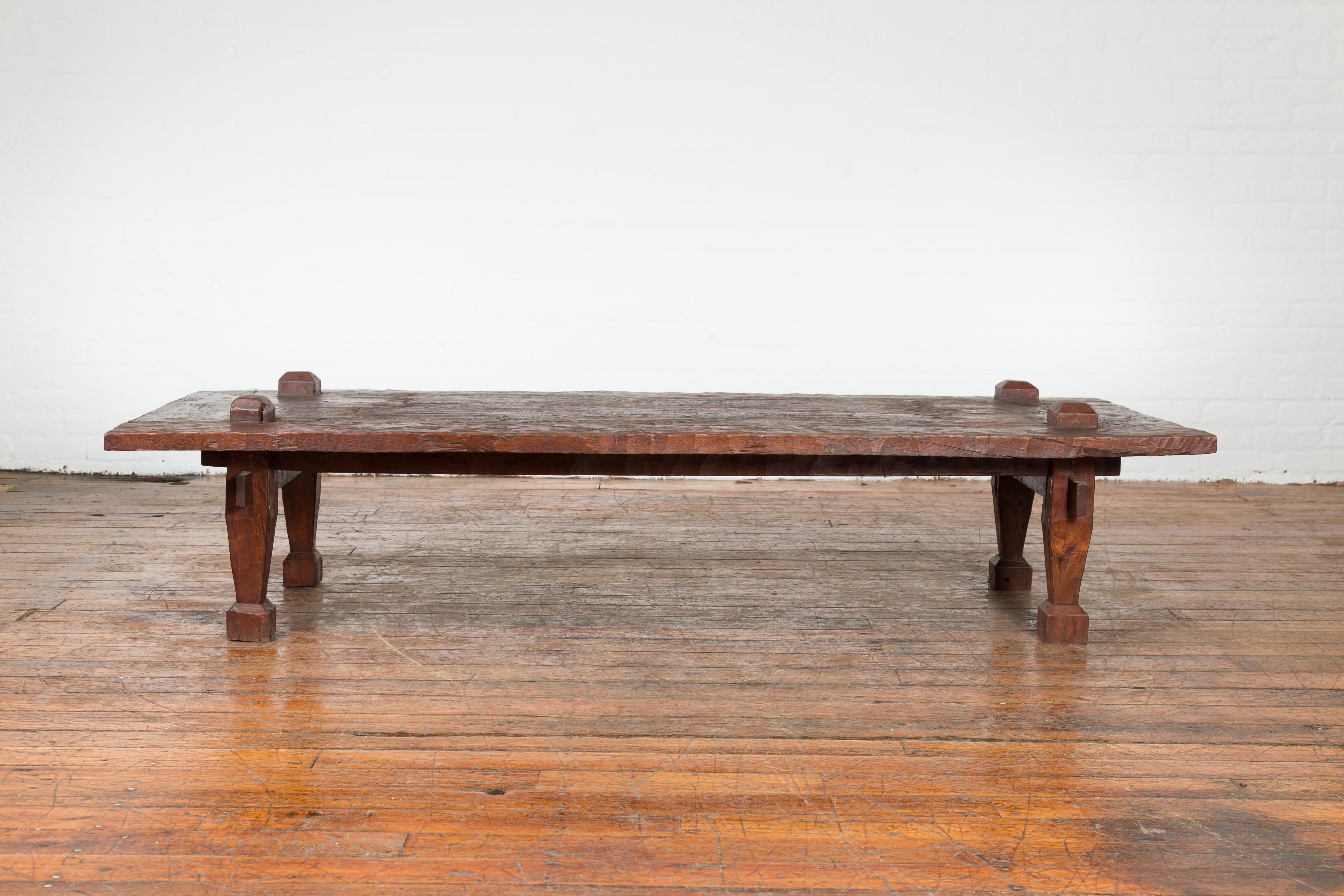 Large Rustic 19th Century Distressed Indonesian Coffee Table with Raised Joints 5