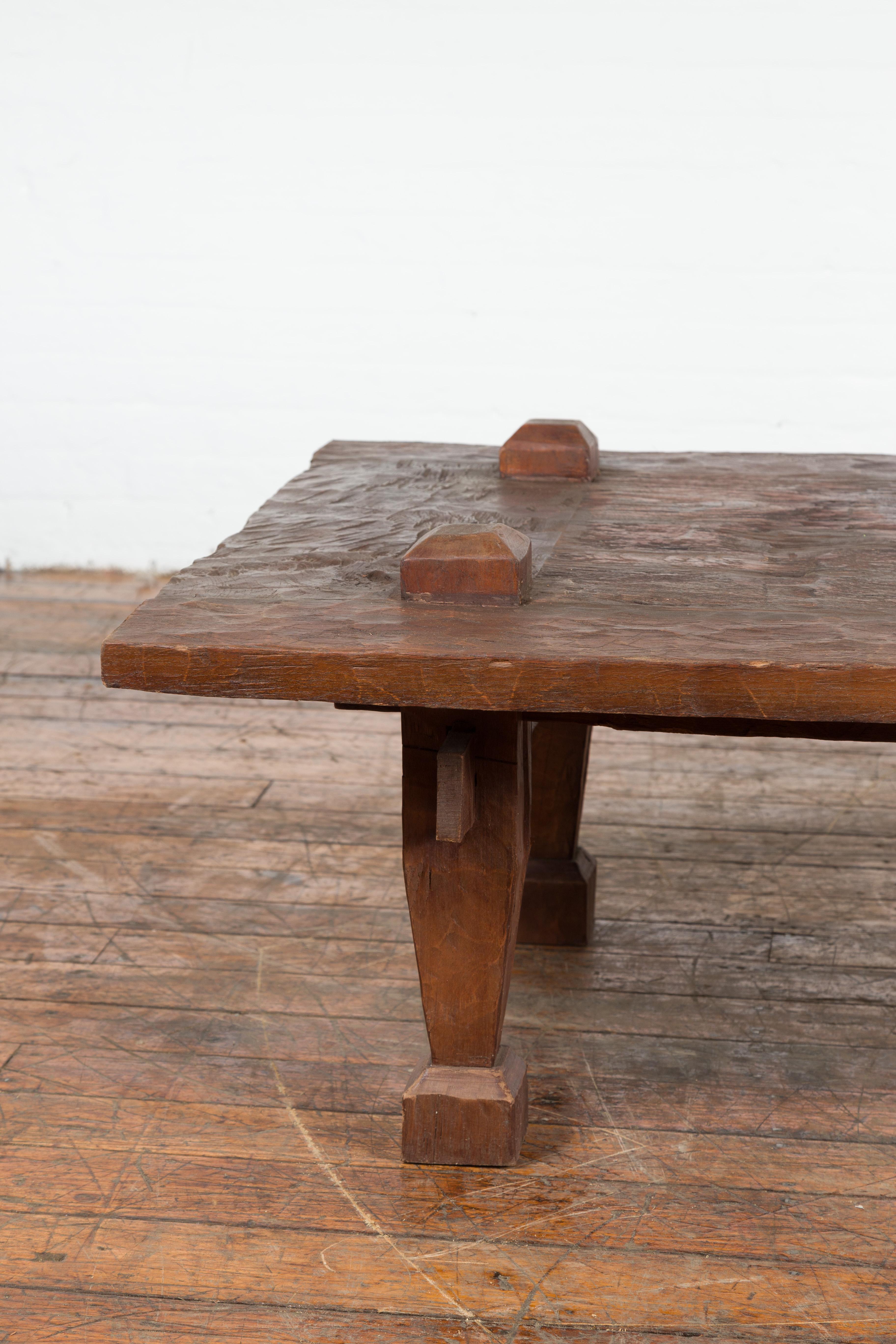 Large Rustic 19th Century Distressed Indonesian Coffee Table with Raised Joints In Good Condition In Yonkers, NY