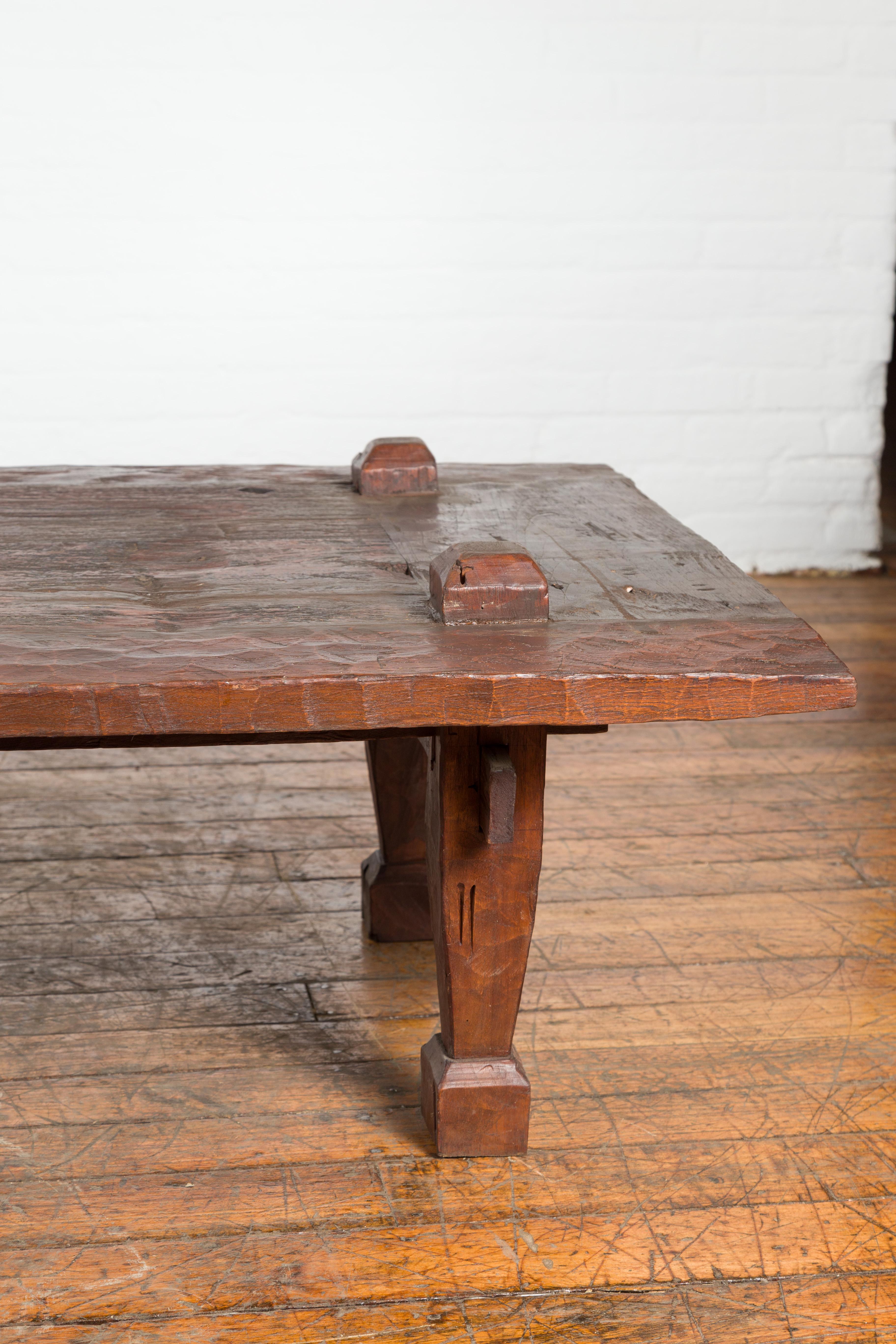 Wood Large Rustic 19th Century Distressed Indonesian Coffee Table with Raised Joints
