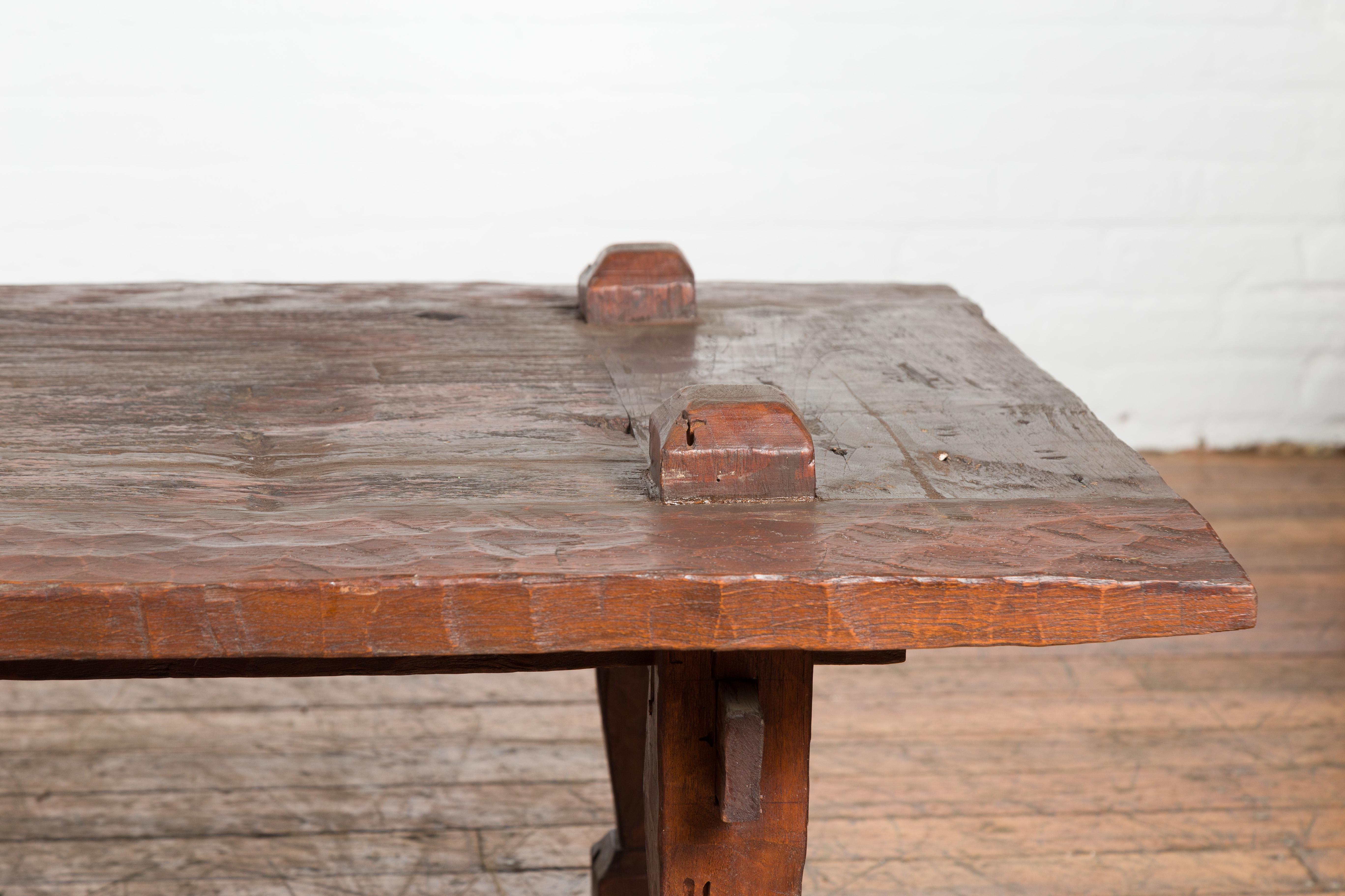 Large Rustic 19th Century Distressed Indonesian Coffee Table with Raised Joints 1