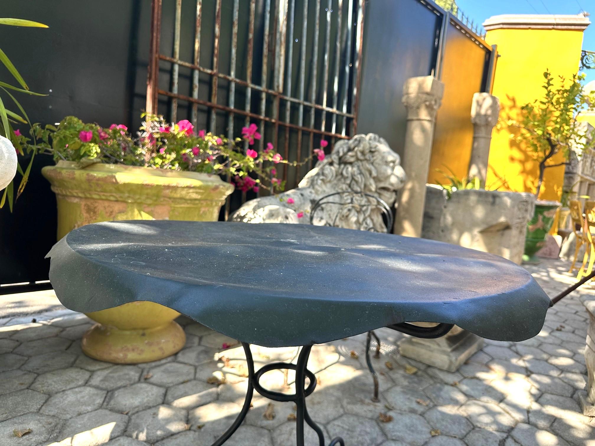 Large Rustic 19th Century Round Iron & Zink Garden Patio Coffee side Table LA CA . Hand Crafted and forged garden patio coffee outdoor indoor table for Two people or more .  It will be the perfect touch by an outdoor fireplace or on the patio next