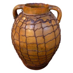 Large Rustic Amphora in Glazed Ceramic Covered with Original Iron Mesh