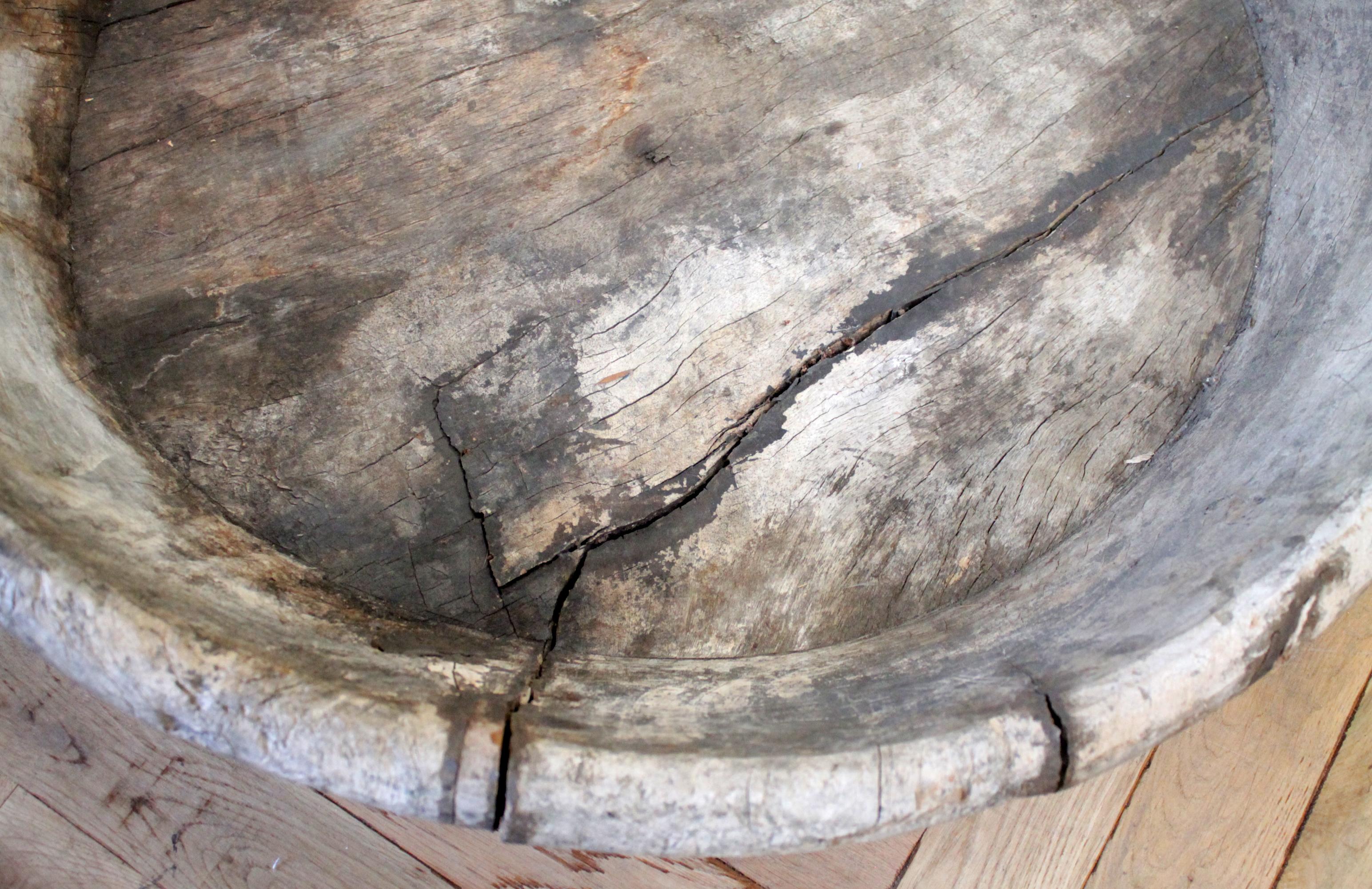 20th Century Large Rustic Antique Dough Bowl Centerpiece For Sale