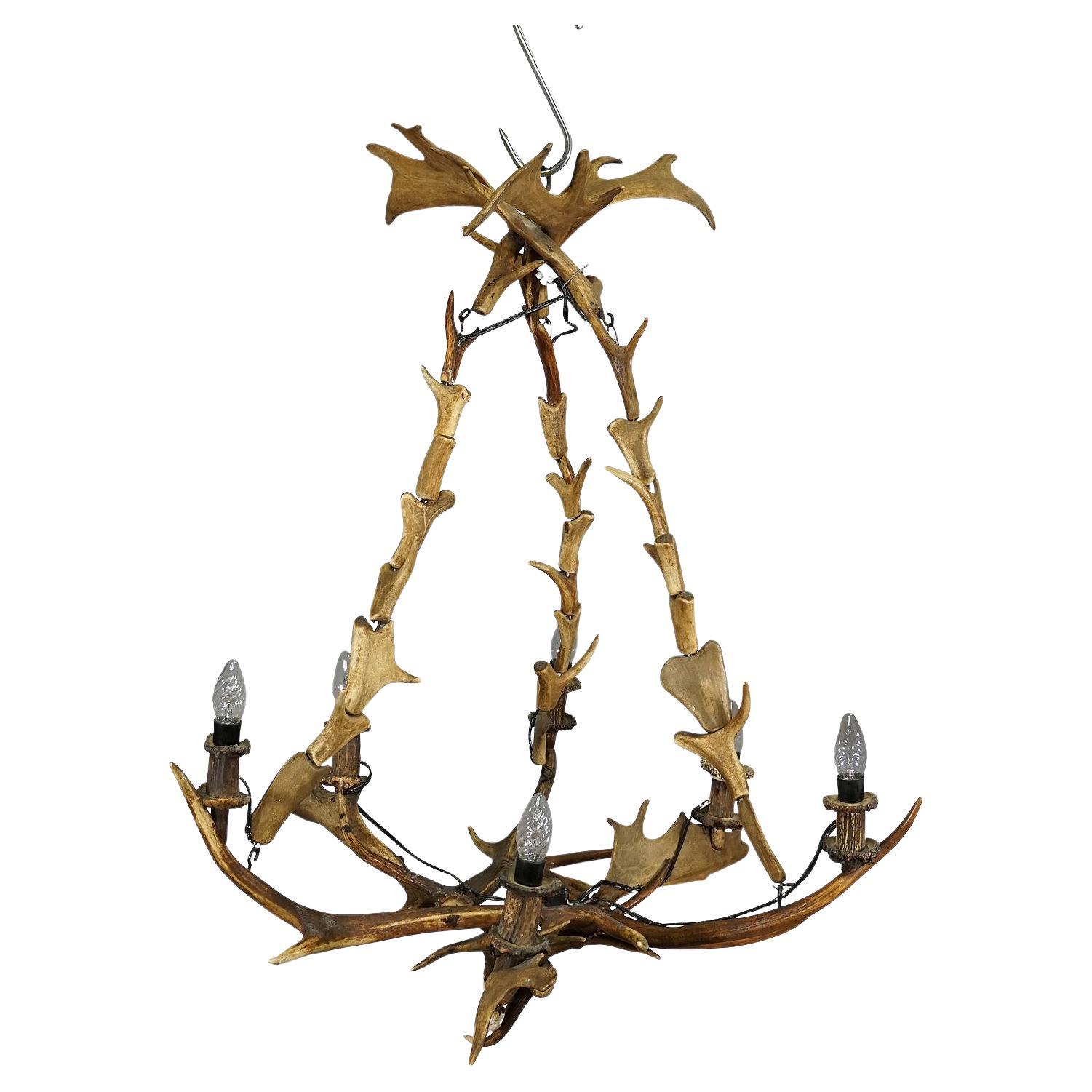 Large Rustic Antler Lamp with Fallow Deer and Deer Antlers