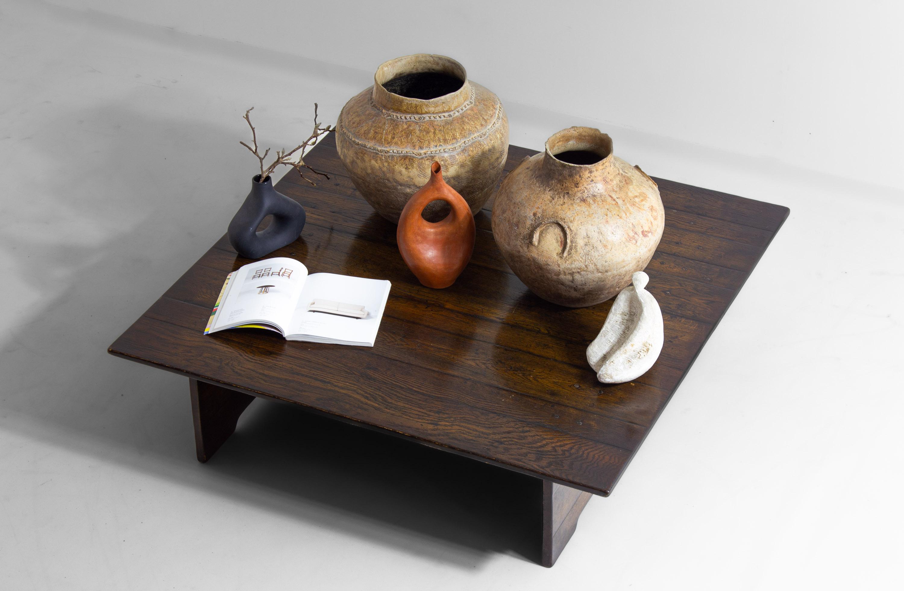 Large rustic brutalist coffee table in patinated wood, 1980s For Sale 3