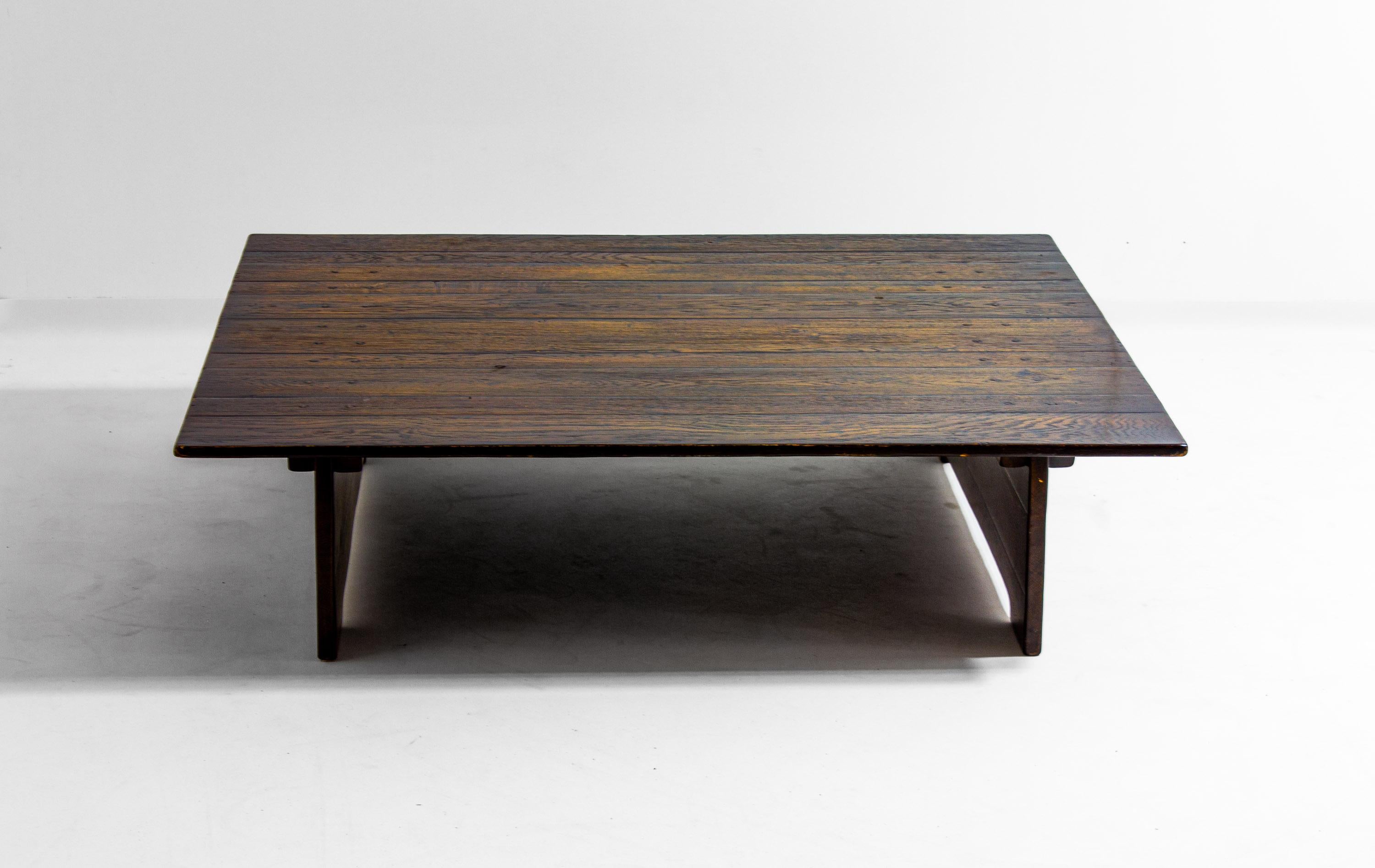 Rustic Large rustic brutalist coffee table in patinated wood, 1980s For Sale