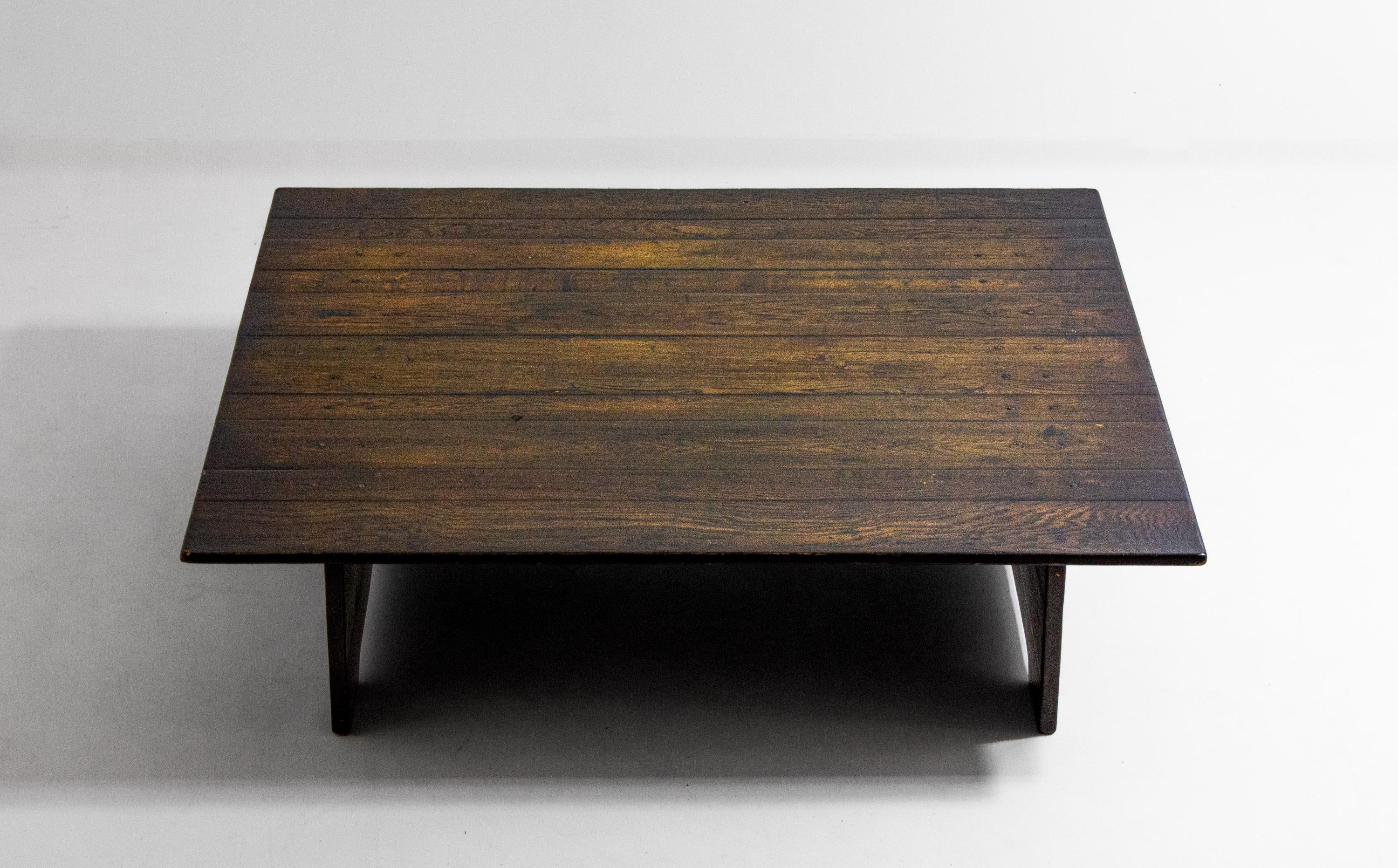 Belgian Large rustic brutalist coffee table in patinated wood, 1980s For Sale