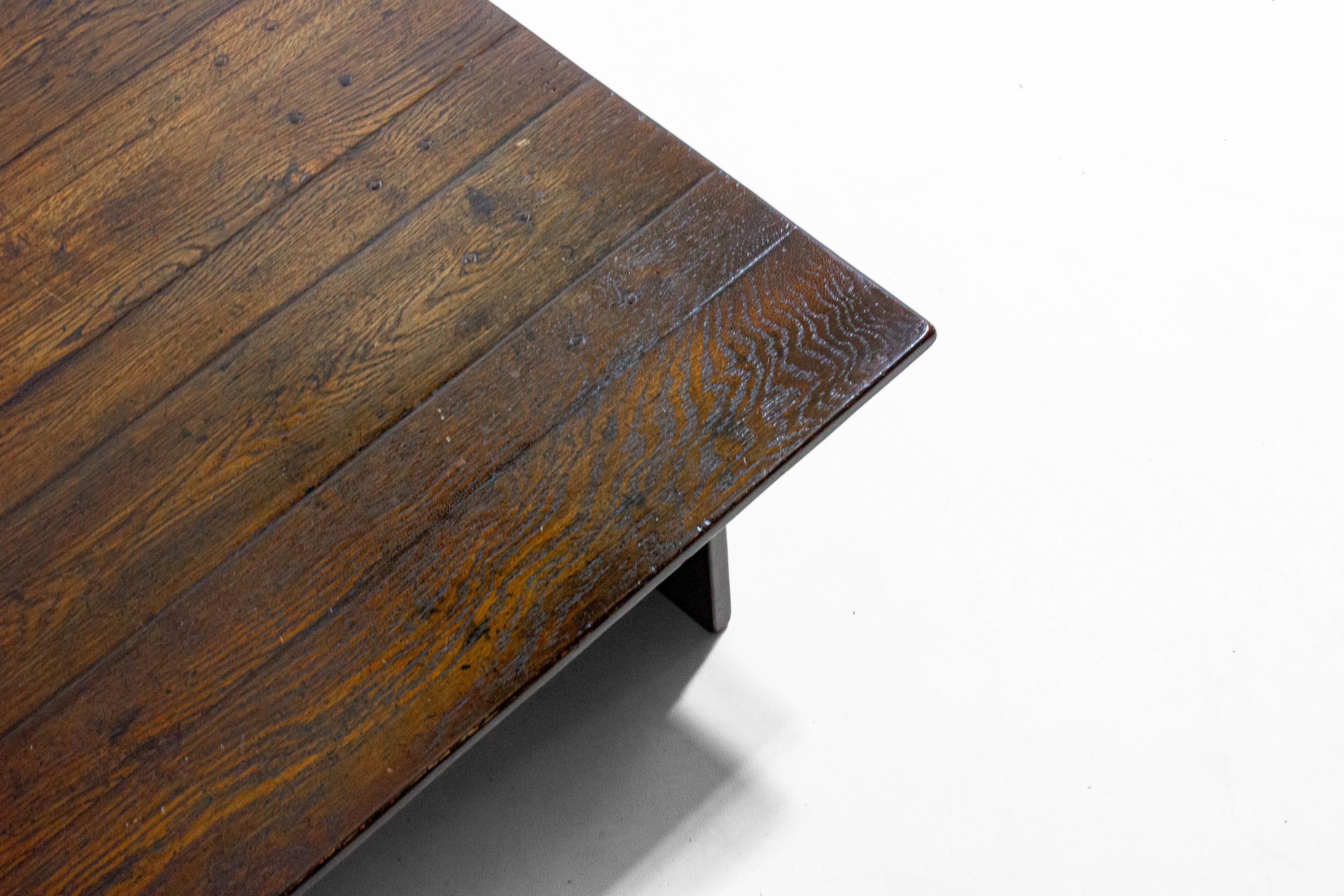 Wood Large rustic brutalist coffee table in patinated wood, 1980s For Sale