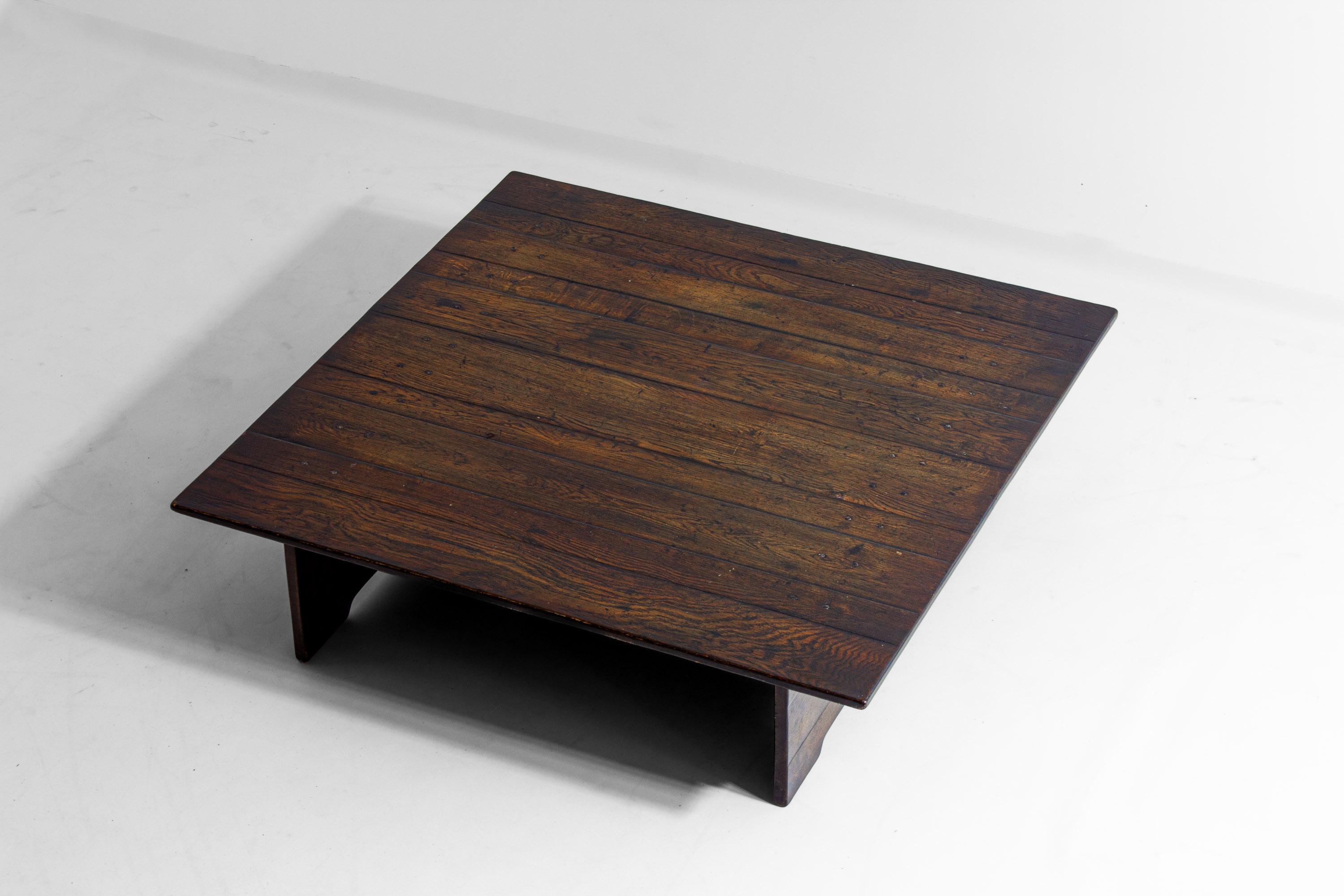 Large rustic brutalist coffee table in patinated wood, 1980s For Sale 1