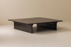 Large rustic brutalist square coffee table in solid dark-stained oak wood, 1970s