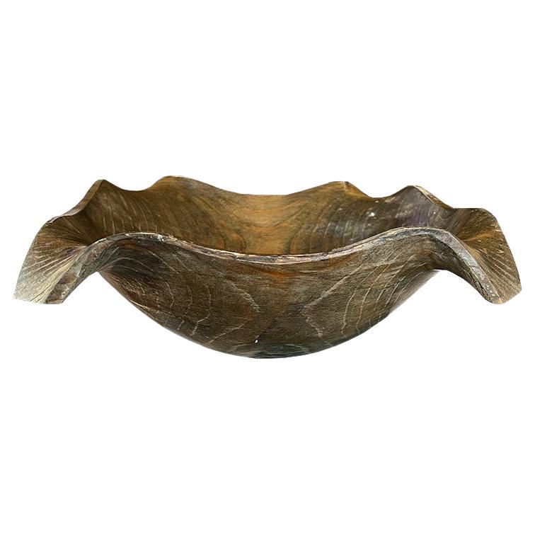 Large Rustic Carved Wood Draped Bowl or Handkerchief Vessel For Sale