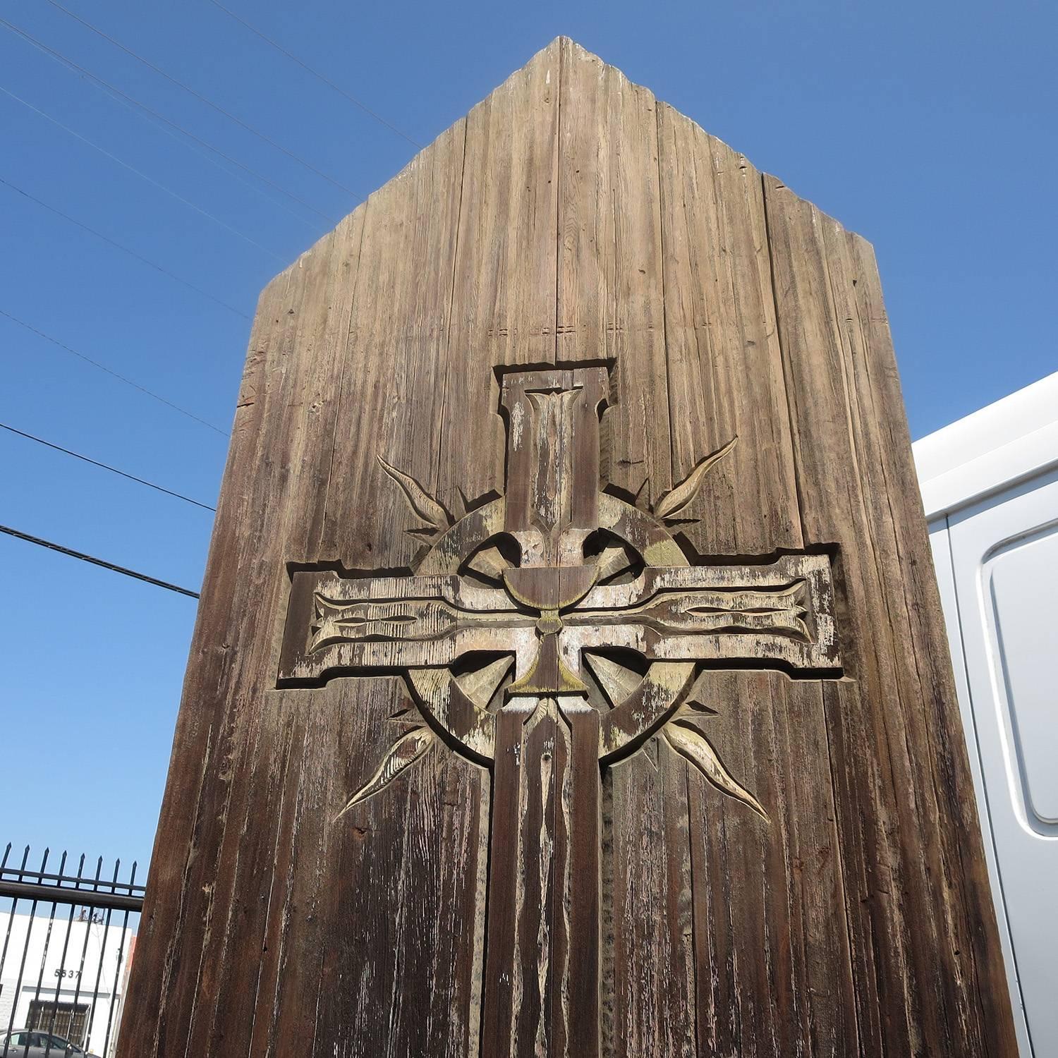 Large Rustic Carved Wooden Church Panel of Crucifix In Good Condition In North Hollywood, CA