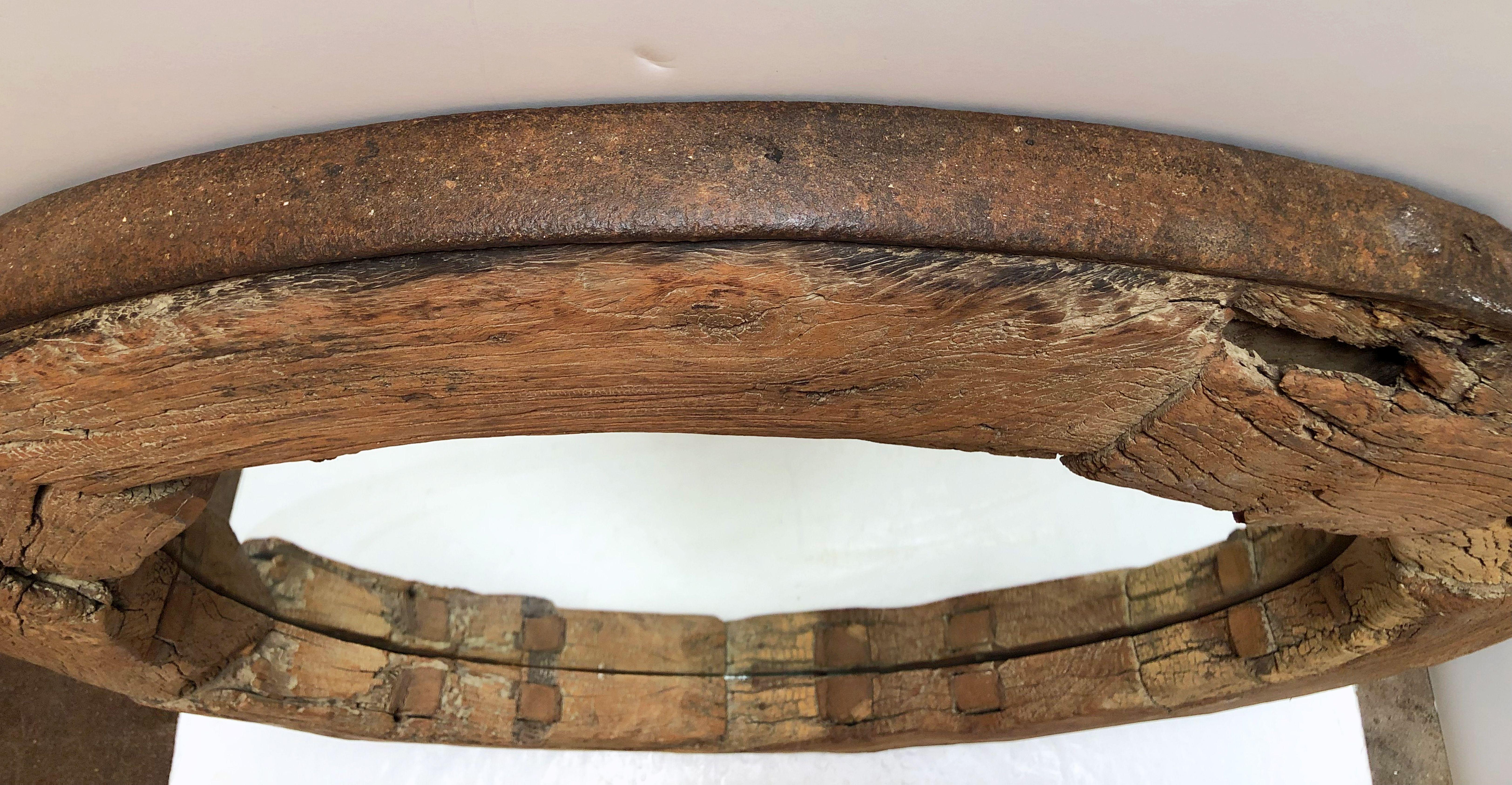 Rustic English Round Mirror in Wagon Wheel Frame of Oak and Iron (Diameter 43) 7