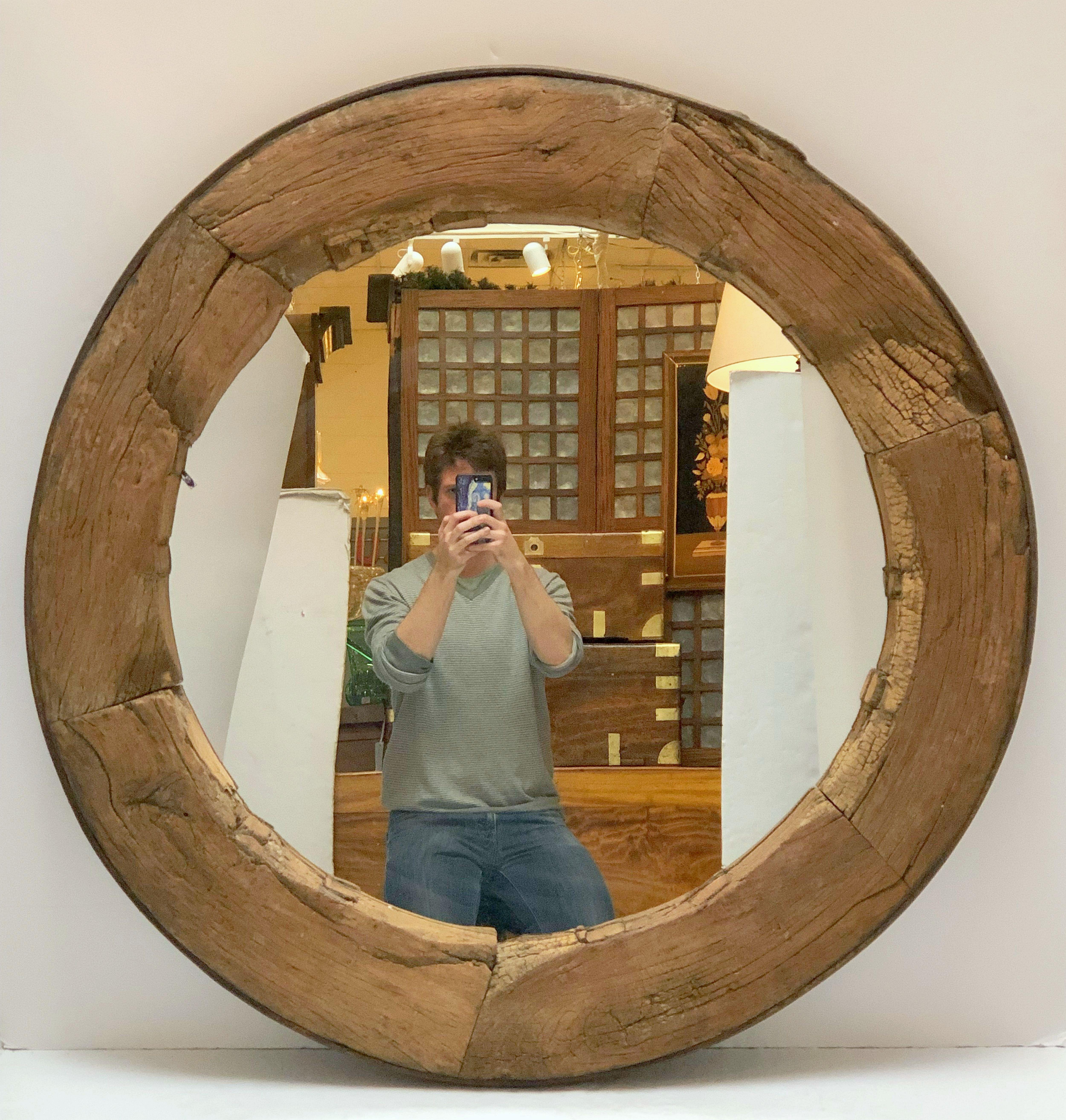 Rustic English Round Mirror in Wagon Wheel Frame of Oak and Iron (Diameter 43) 8
