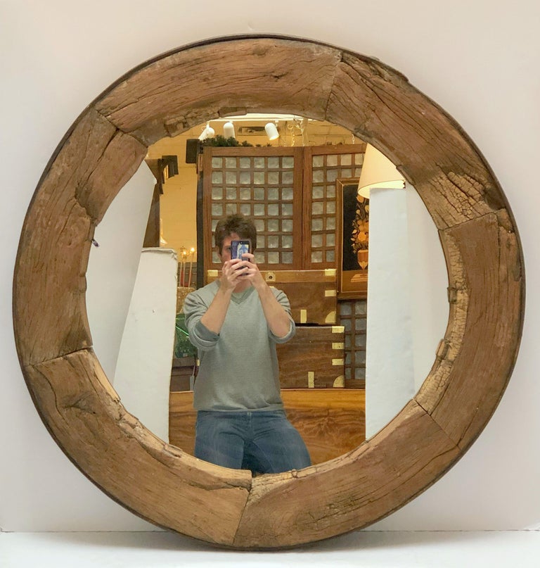 Rustic English Round Mirror In Wagon Wheel Frame Of Oak And Iron Diameter 43 At 1stdibs