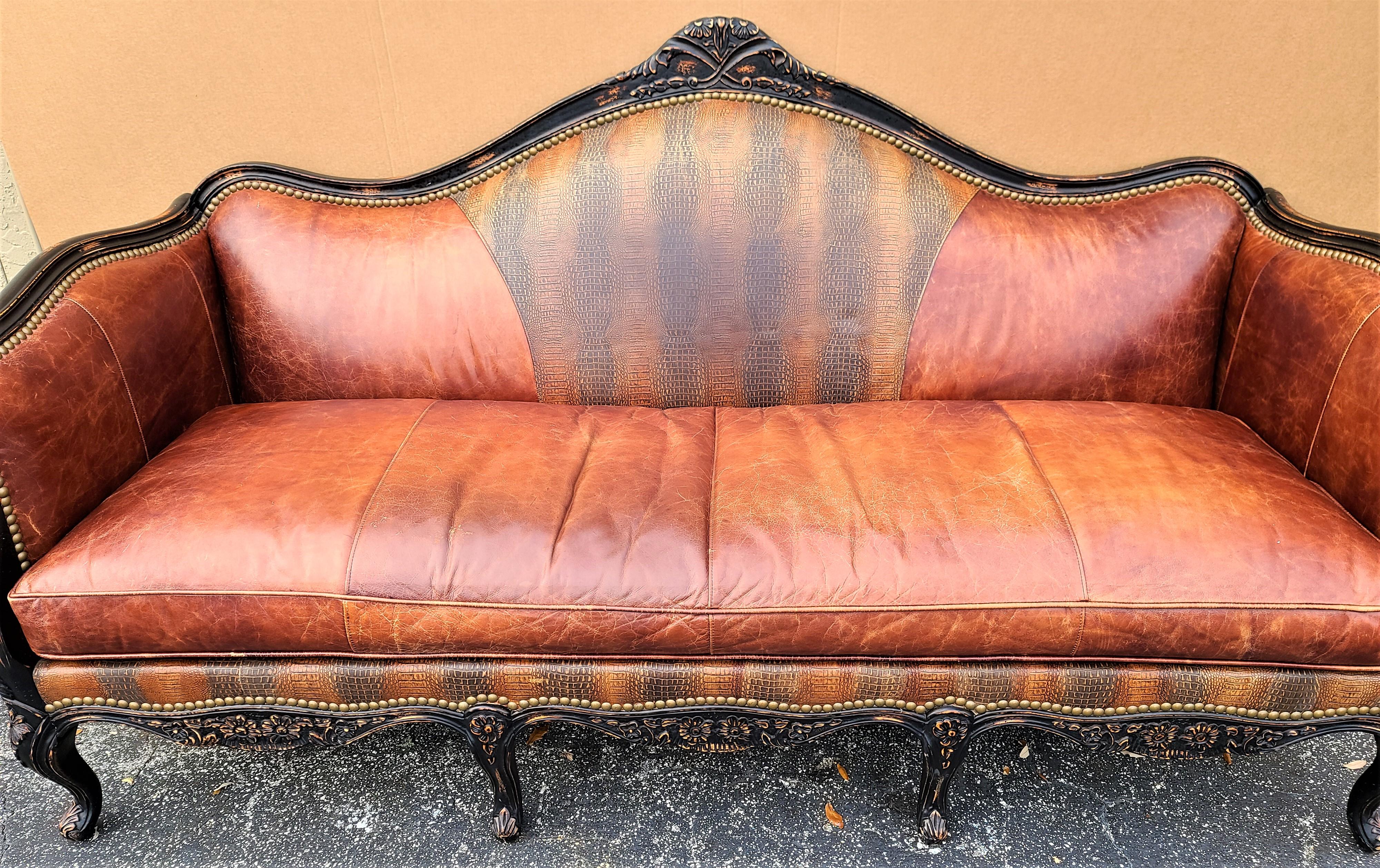 Offering one of our recent Palm beach estate fine furniture acquisitions of a
huge, incredibly beautiful rustic French Country distressed leather and fabric sofa by Paladin Industries of North Carolina

An amazing, hand-crafted piece with a