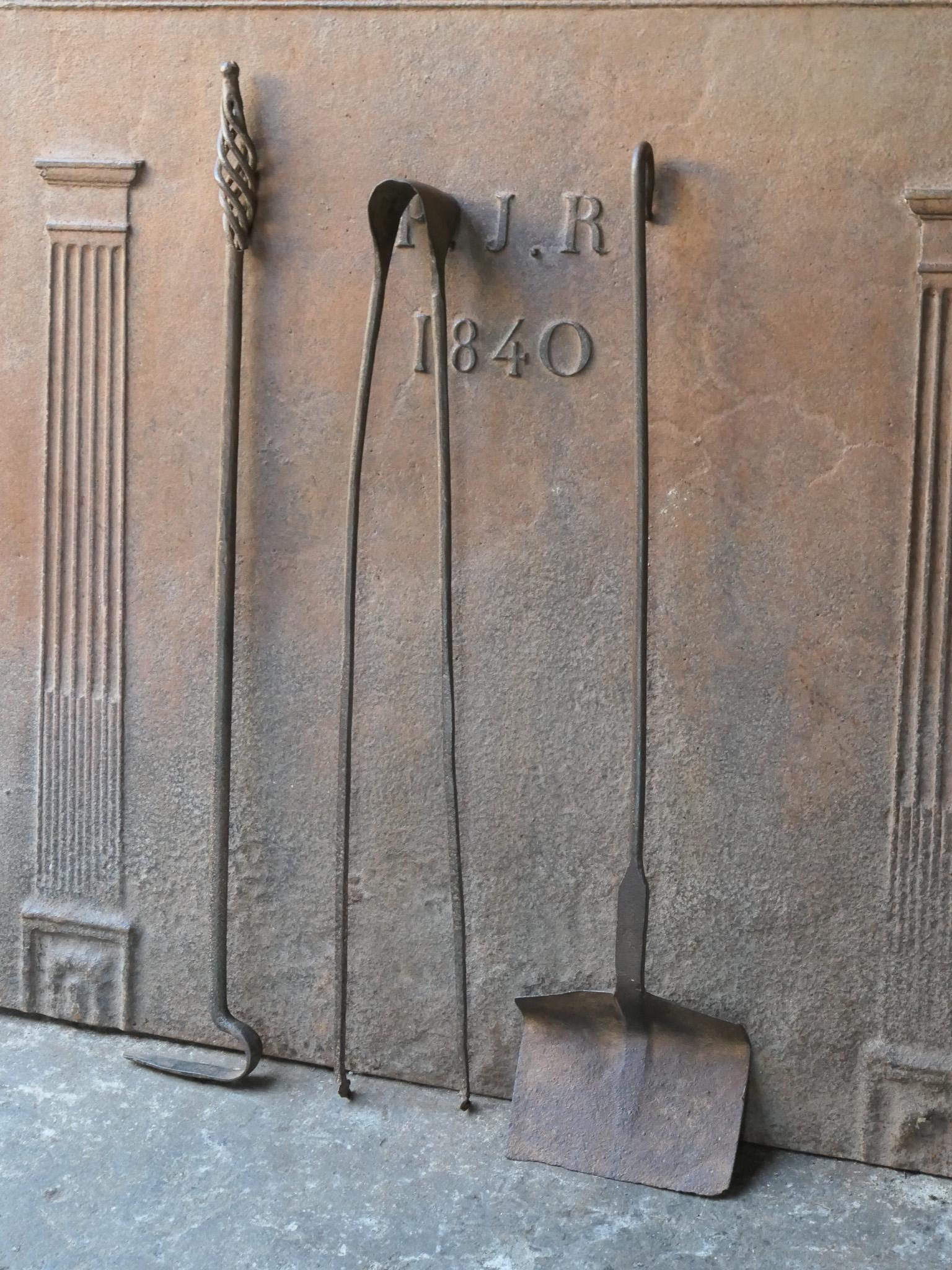 Forged Large Rustic French Fireplace Tools, 17th-18th Century For Sale