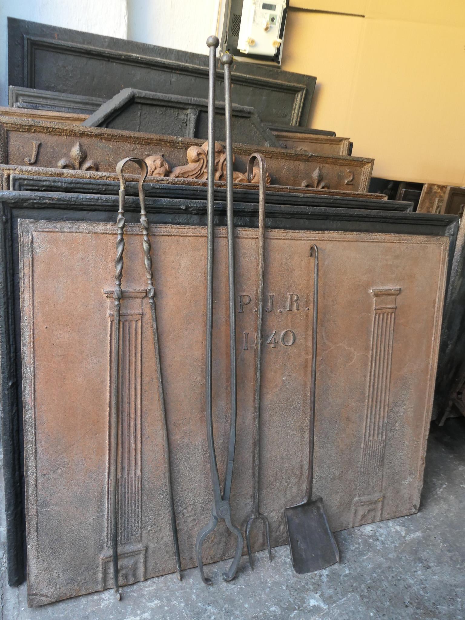 Wrought Iron Large Rustic French Fireplace Tools, 18th-19th Century For Sale