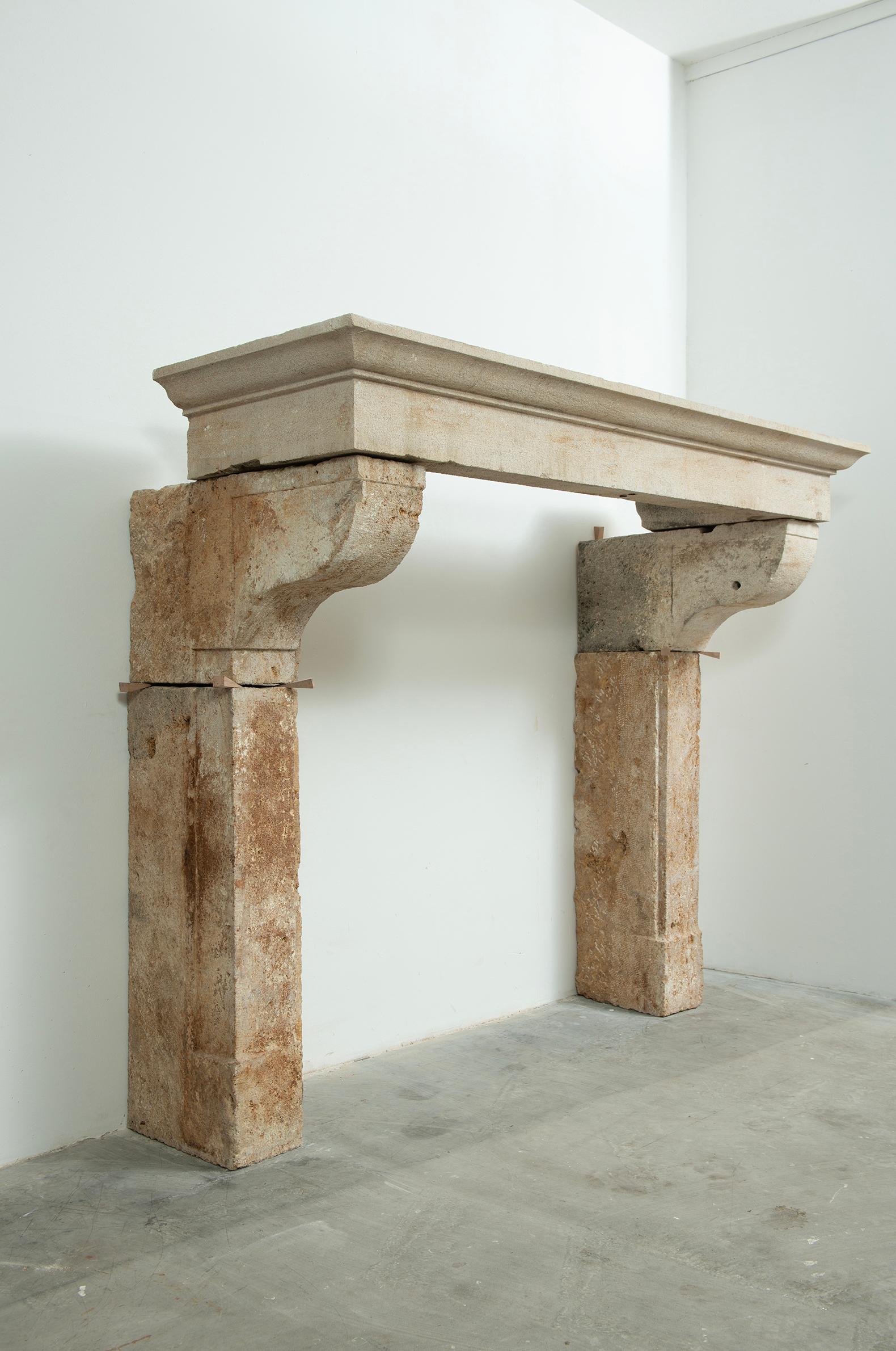 Large Rustic French Limestone Fireplace Mantel – 18th Century For Sale 7