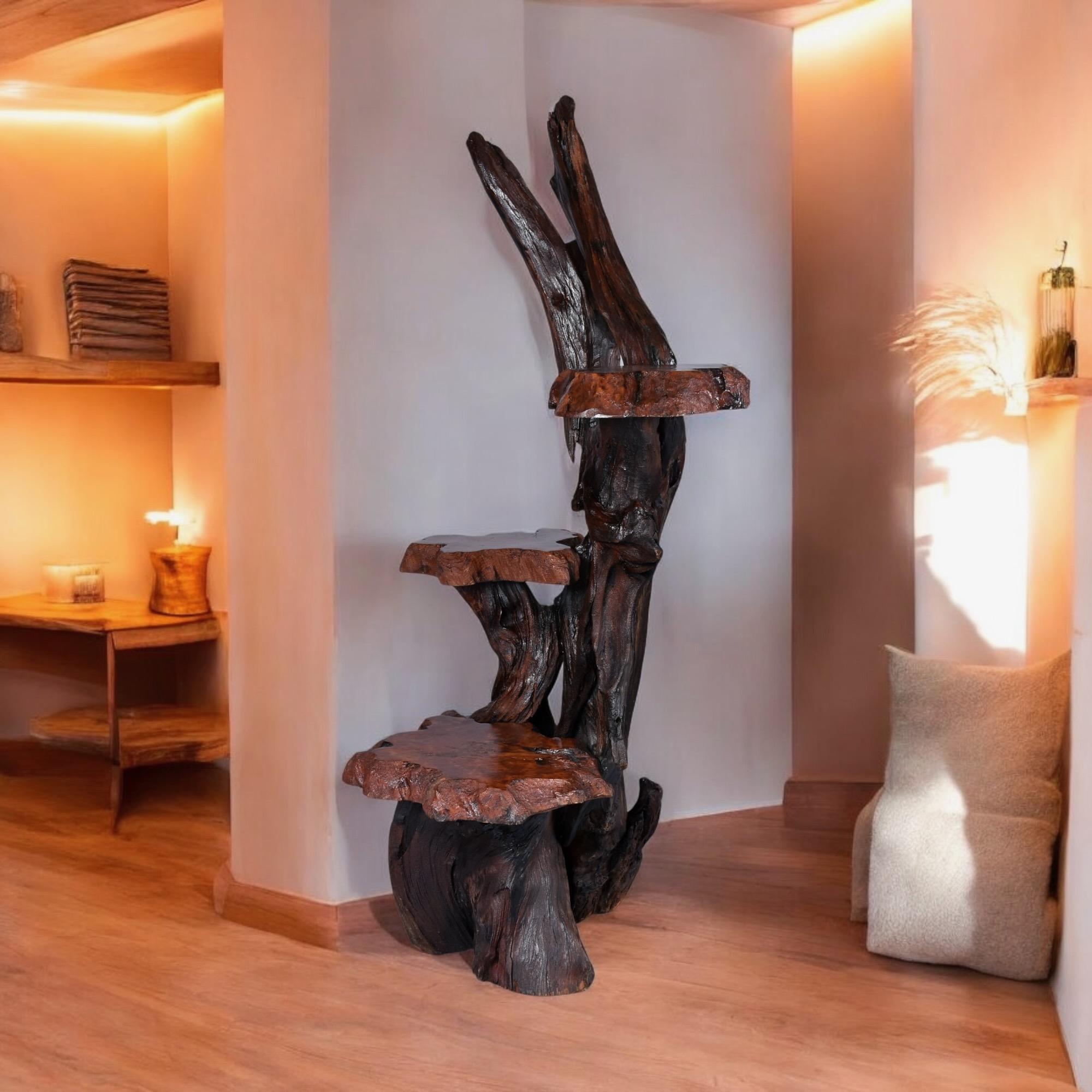 Incredible rustic hand crafted tree root plant pedestal. Bring the beauty of nature indoors with this three tiered pedestal. Ideal for showcasing pottery, art class, sculptures, plants… or all of the above. The pedestal was created from a writhing,