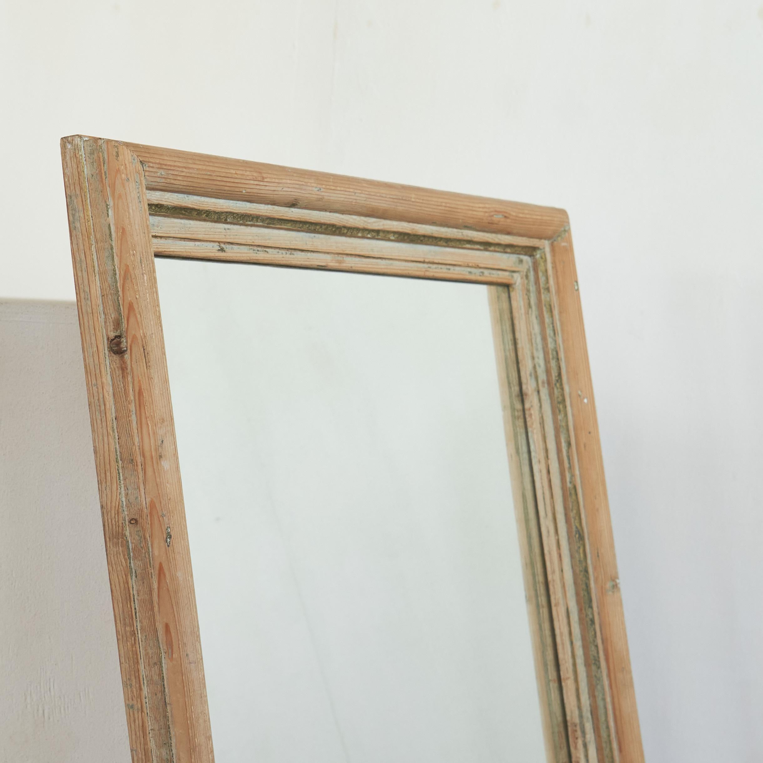 Mid-Century Modern Large Rustic Mirror in Pine and Faded Paint For Sale
