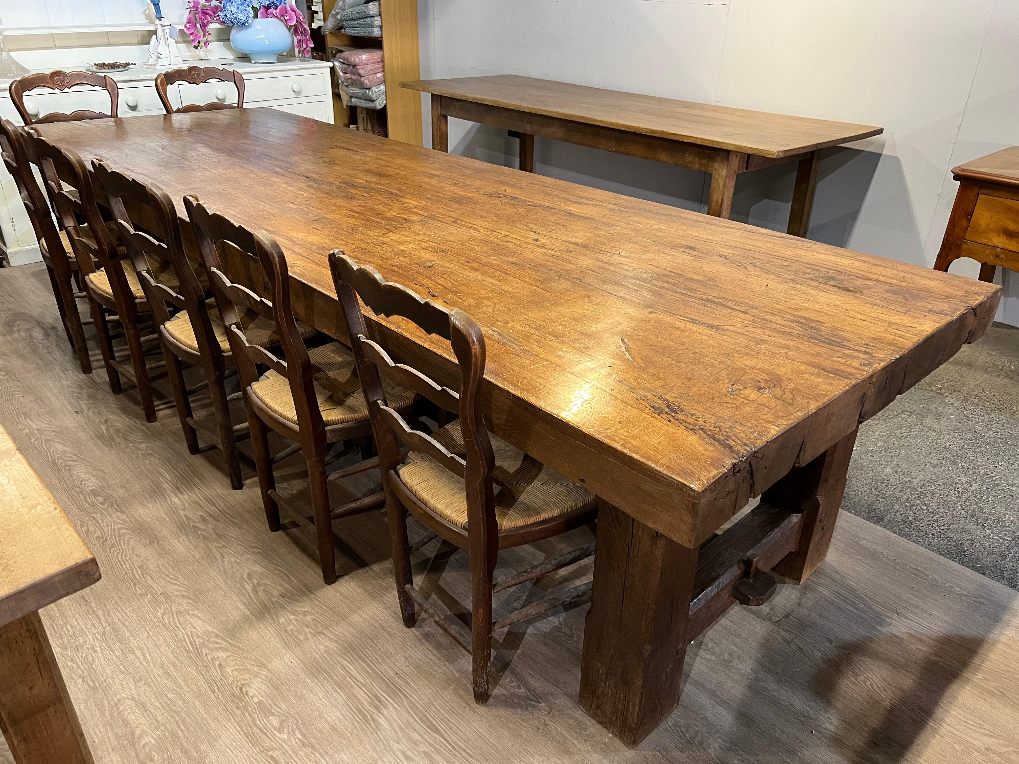 French Large Rustic Oak Farmhouse Table with Thick Top