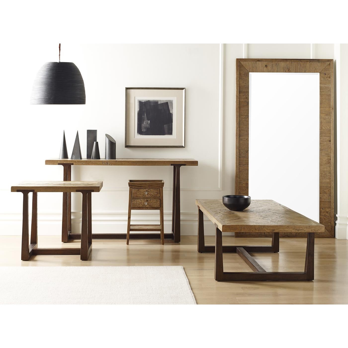 A parquetry oak beveled frame in a light oak finish, with a beveled edge mirror plate. Pre-fitted with hanging strips or can use a large floor dressing mirror.

Dimensions: 42