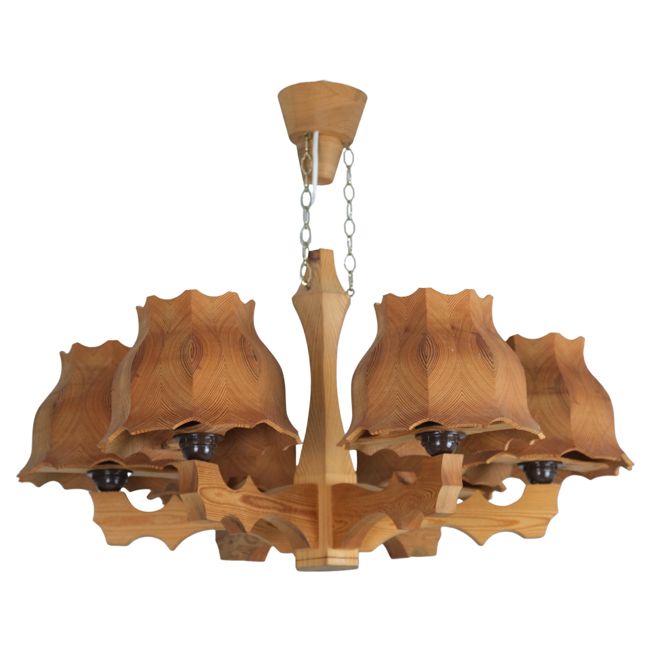 Large Rustic Sculptural Pendant in Pine possibly by Eino Lundholm, Sweden 1970s For Sale