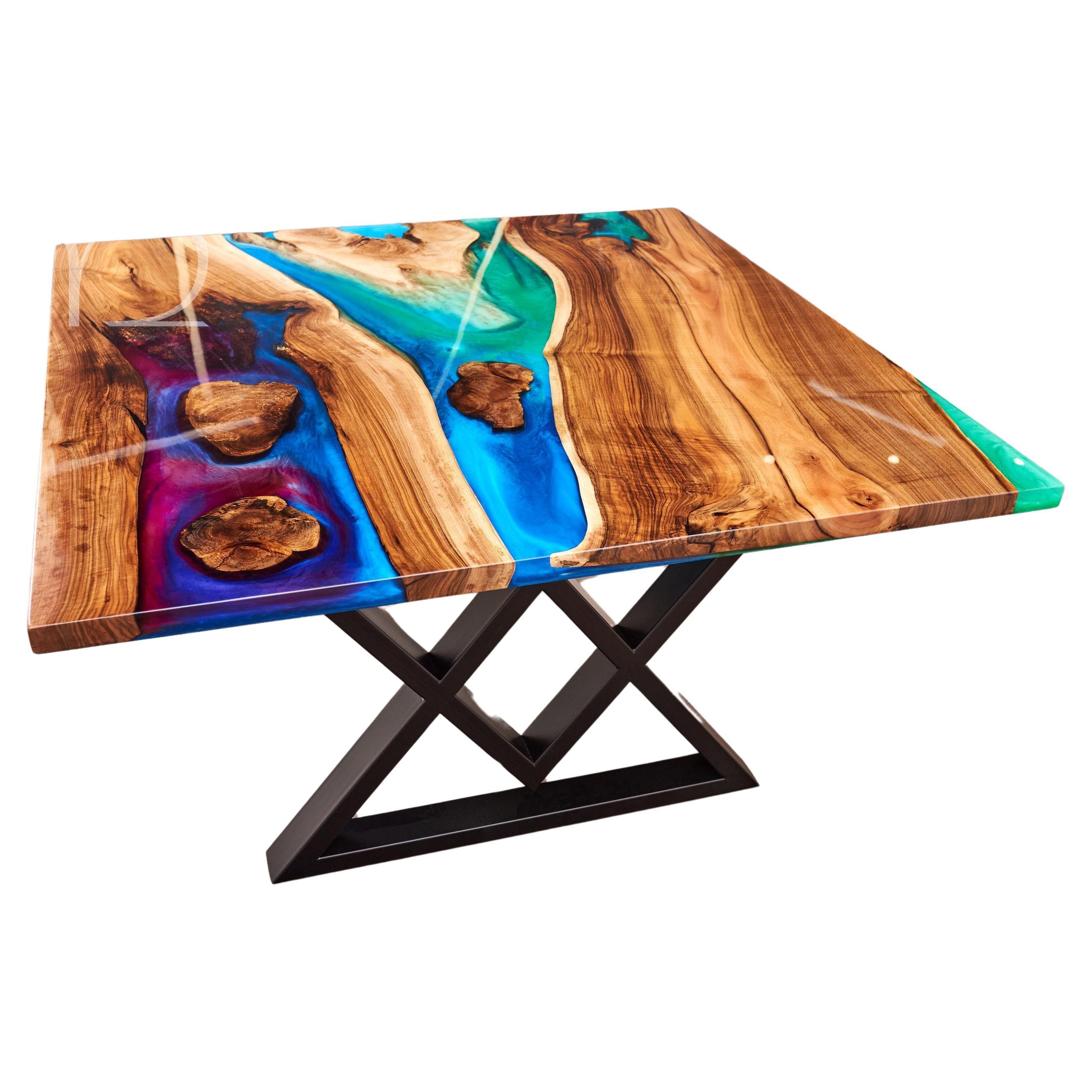Large Rustic Resin Dinning Table Luxury Live edge Walnut Epoxy Dinning Table  For Sale