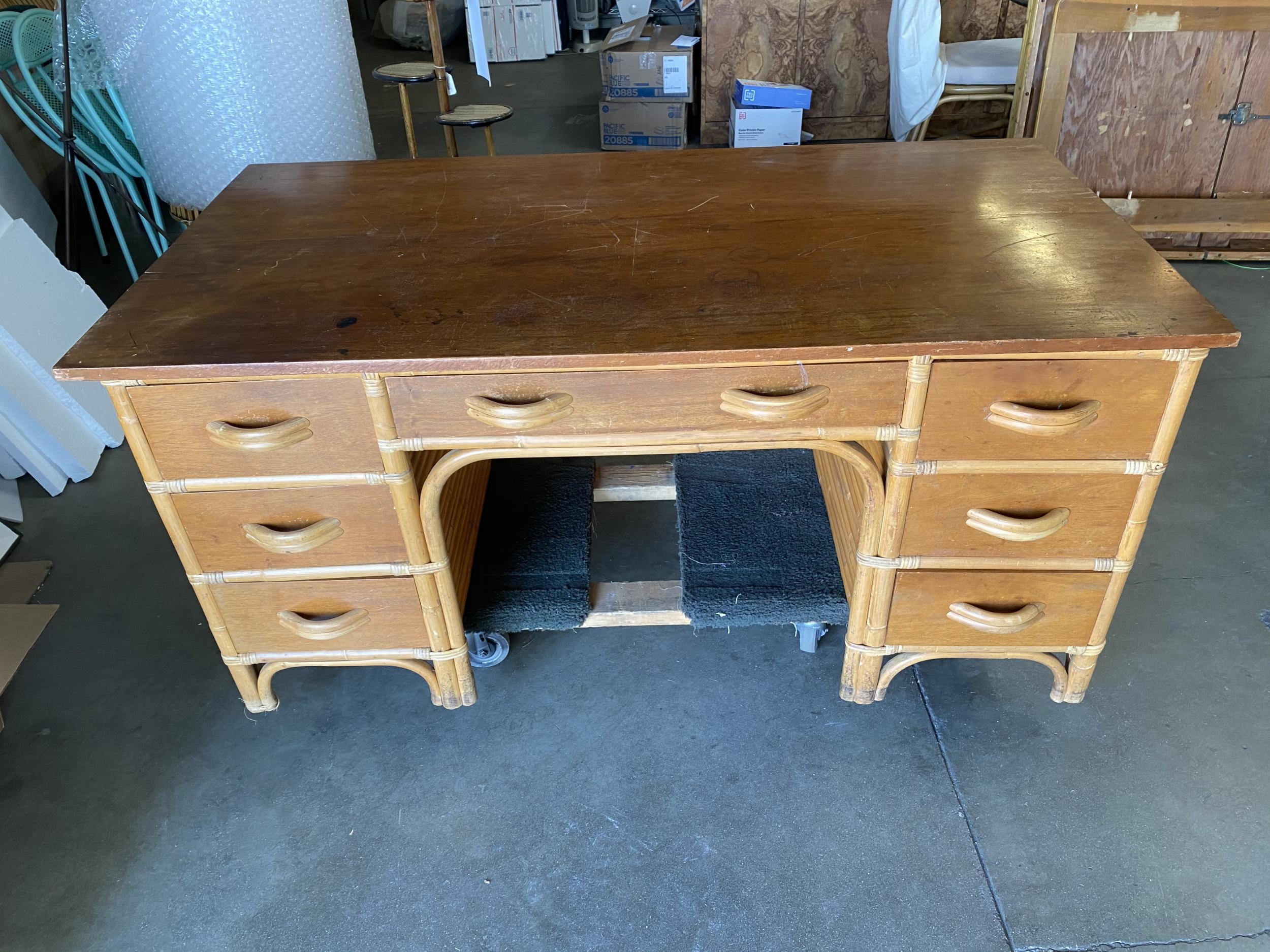 American Restored Large Stacked Rattan Executive Desk w/ Solid Mahogany Top