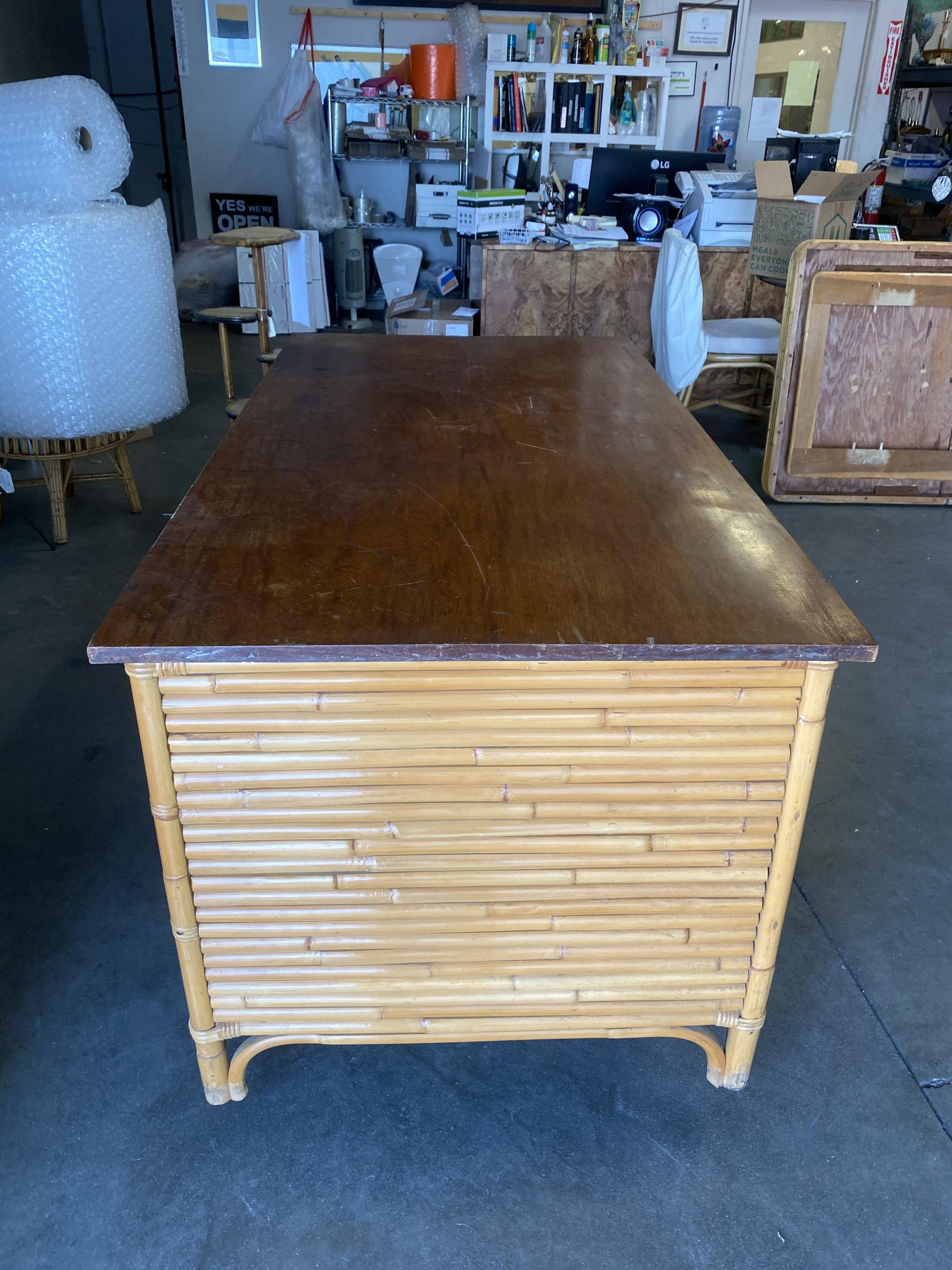 Restored Large Stacked Rattan Executive Desk w/ Solid Mahogany Top 2