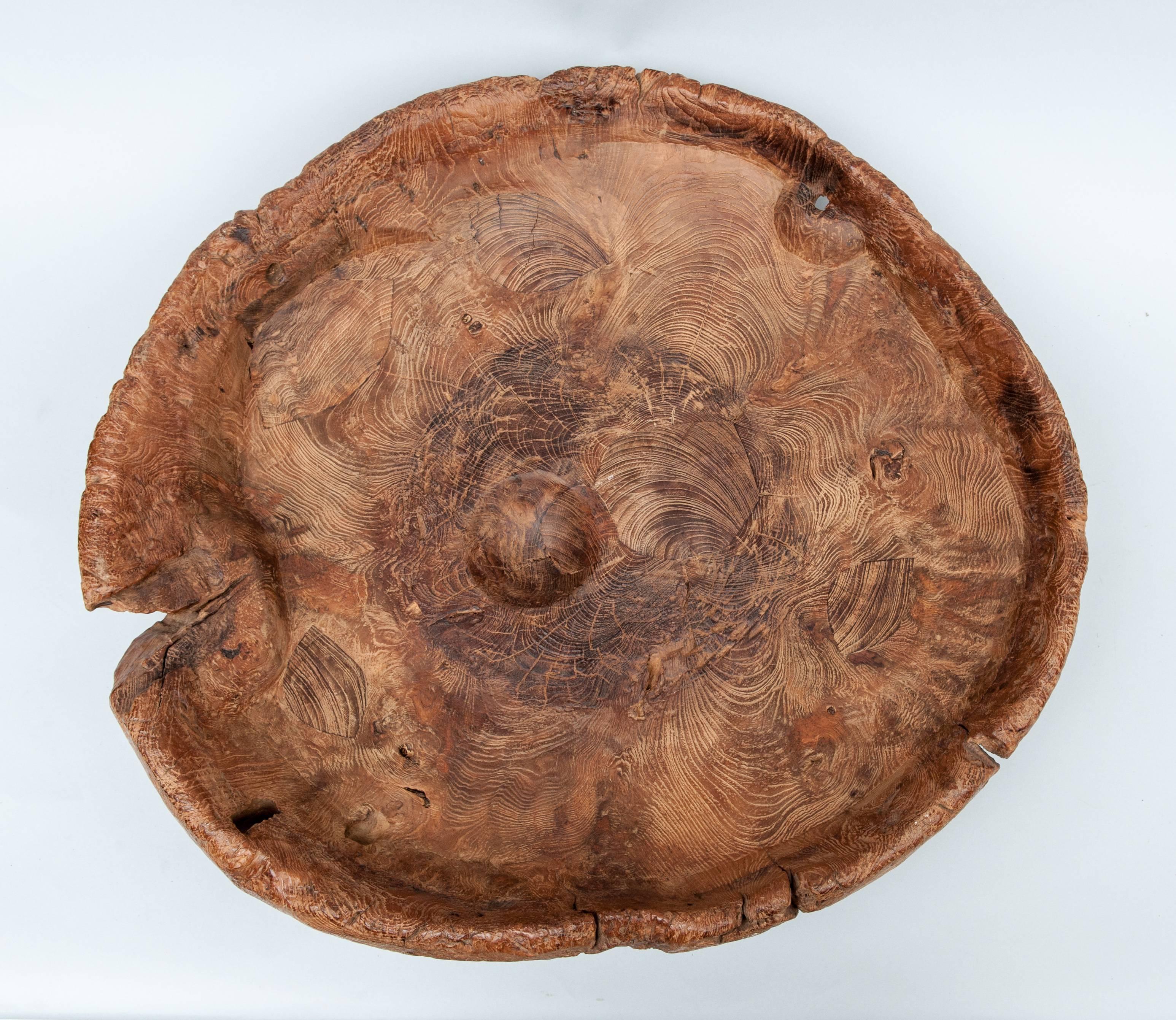 Large Rustic Teak Bowl Fashioned from an Old Mortar, Java, Late 20th Century 5