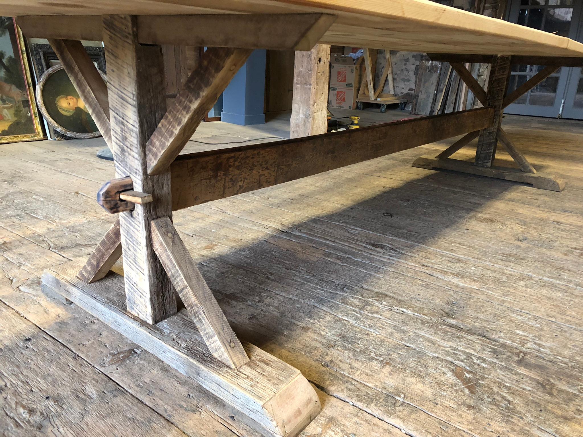 American Large Rustic Trestle Table For Sale