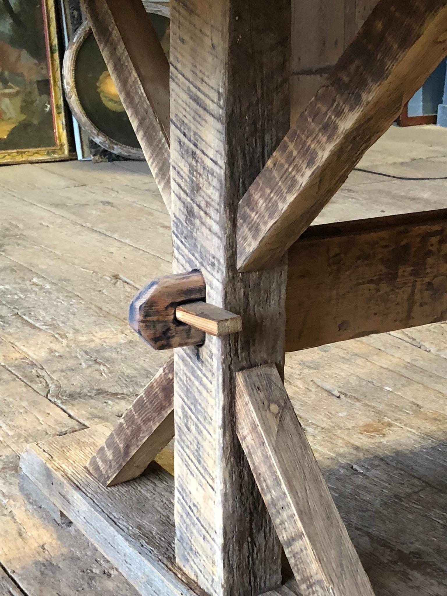 Large Rustic Trestle Table In Distressed Condition For Sale In Doylestown, PA