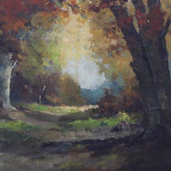 Large Rustic Weathered Oil Painting on Canvas Depicting Autumn Trees