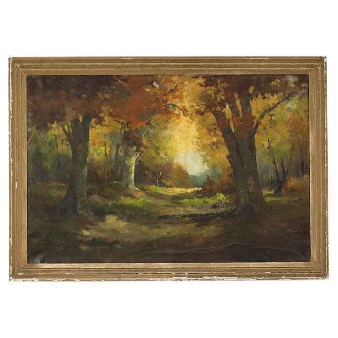 Grande peinture à l
huile rustique sur toile représentant des arbres d
automne en vente